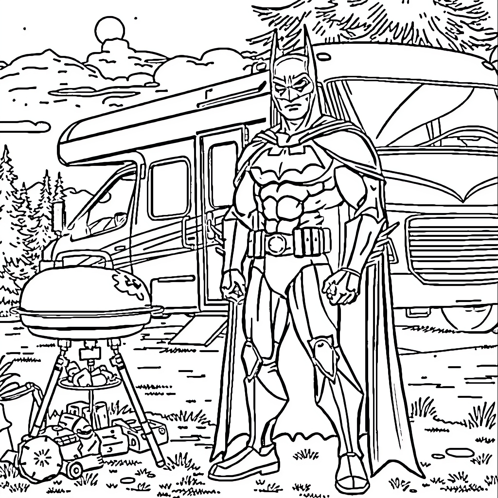 Batman camping in the wilderness with his Batmobile Coloring Page (free black-and-white line drawing printable PDF for all, from beginners to advanced learners, including children, teens, adults, and seniors)
