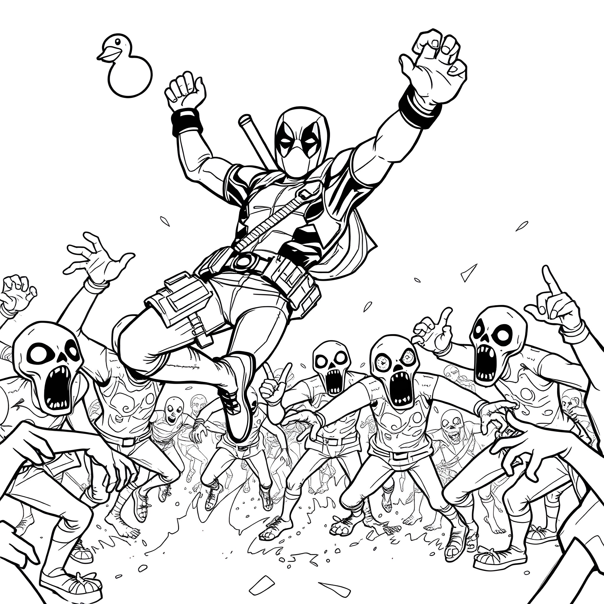 Deadpool's Chaotic Adventure with Monstrous Foes Coloring Page (free black-and-white line drawing printable PDF for all, from beginners to advanced learners, including children, teens, adults, and seniors)
