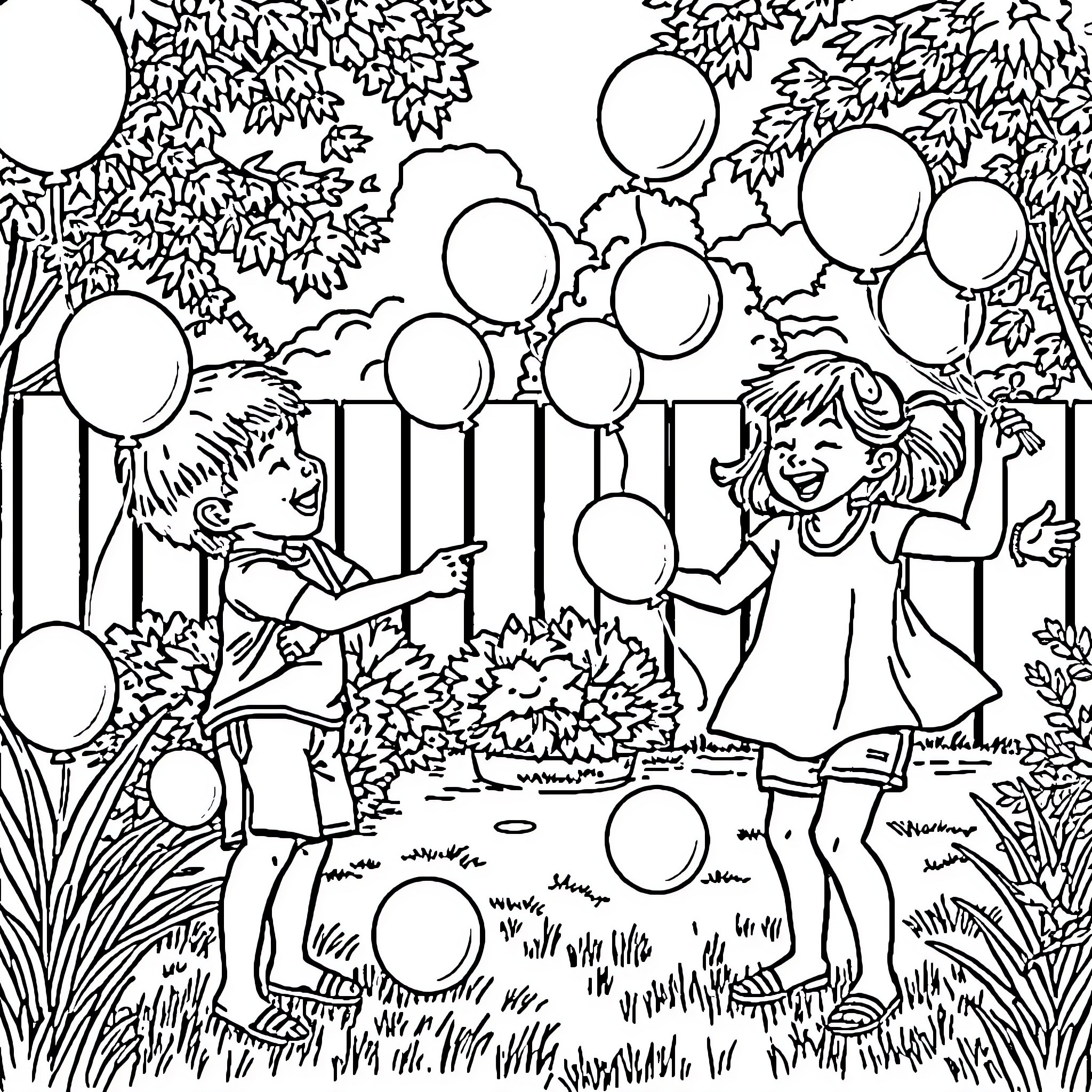 Children playing with balloons in a garden Coloring Page (free black-and-white line drawing printable PDF for all, from beginners to advanced learners, including children, teens, adults, and seniors)