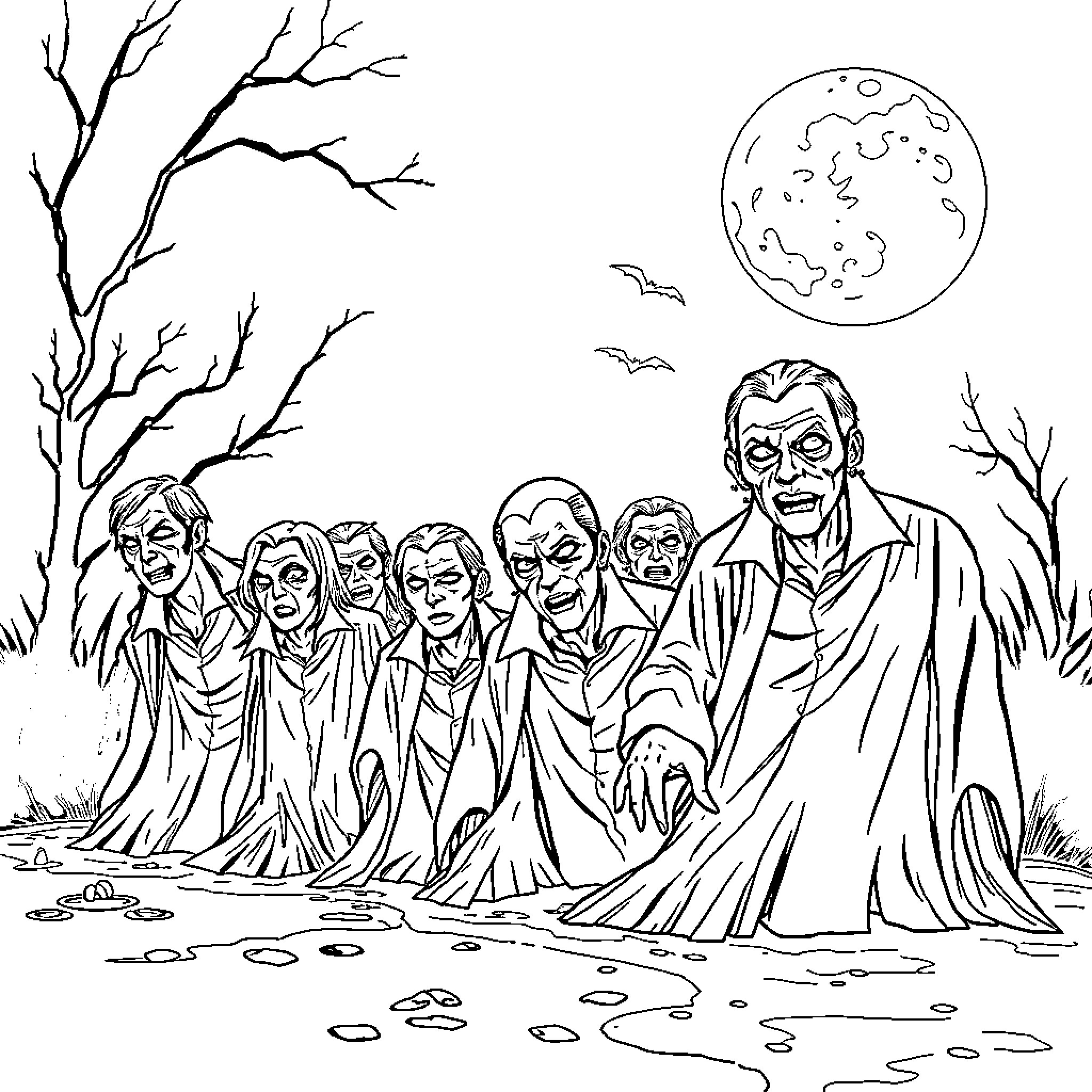 Vampire army of the undead in a ghostly landscape Coloring Page (free black-and-white line drawing printable PDF for all, from beginners to advanced learners, including children, teens, adults, and seniors)