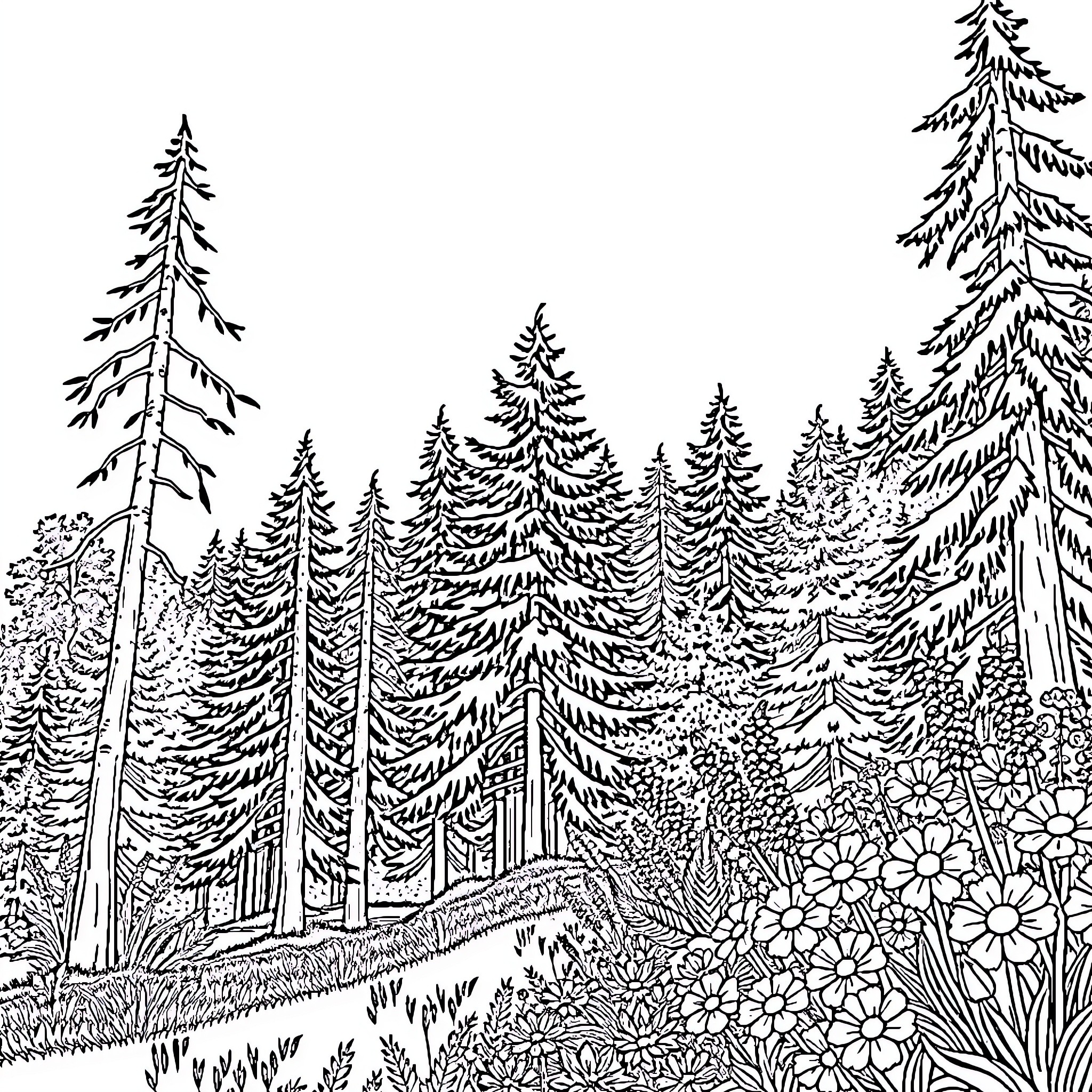 Nature's Tranquil Forest Retreat Coloring Page (free black-and-white line drawing printable PDF for all, from beginners to advanced learners, including children, teens, adults, and seniors)