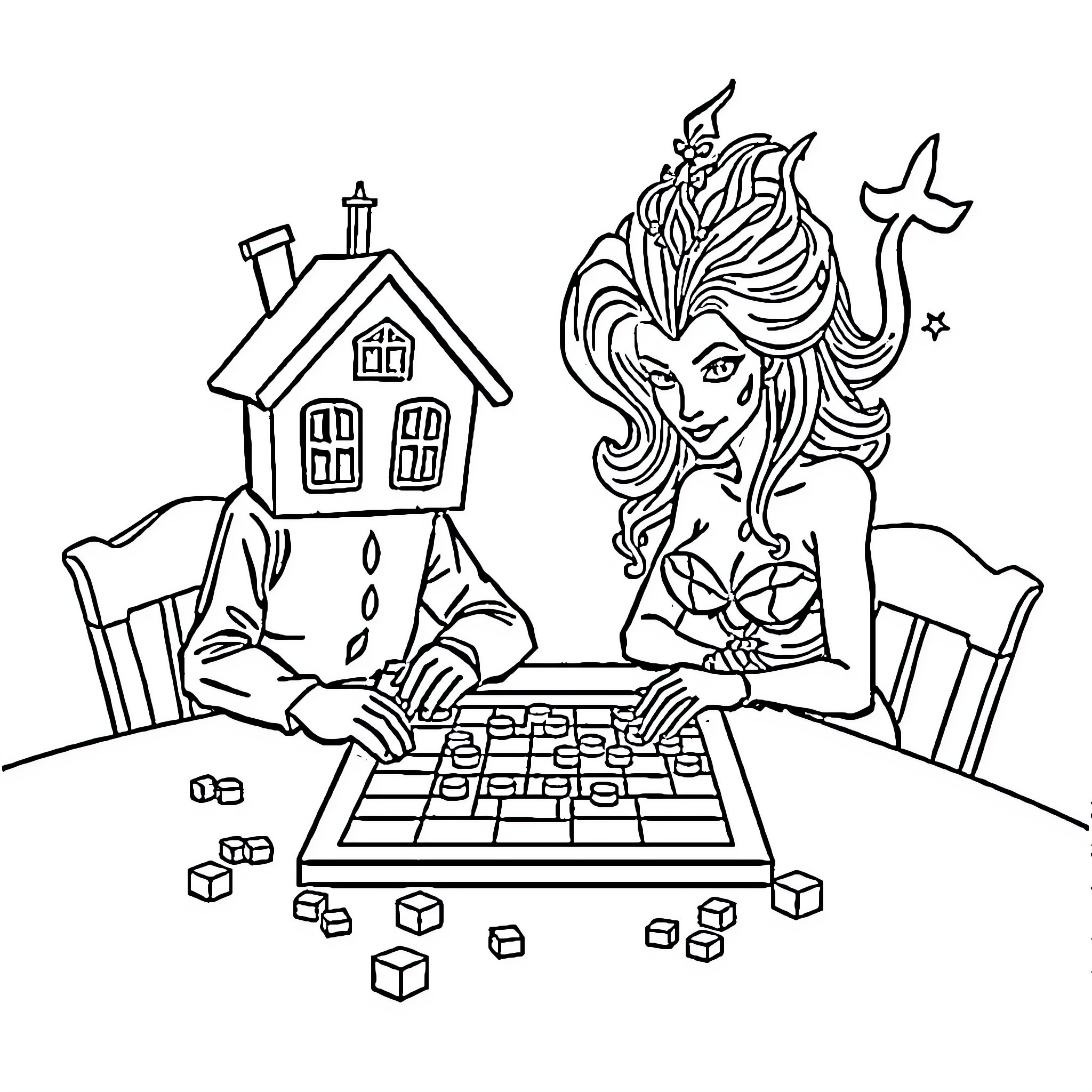 Siren Head playing a board game at a haunted house Coloring Page (free black-and-white line drawing printable PDF for all, from beginners to advanced learners, including children, teens, adults, and seniors)