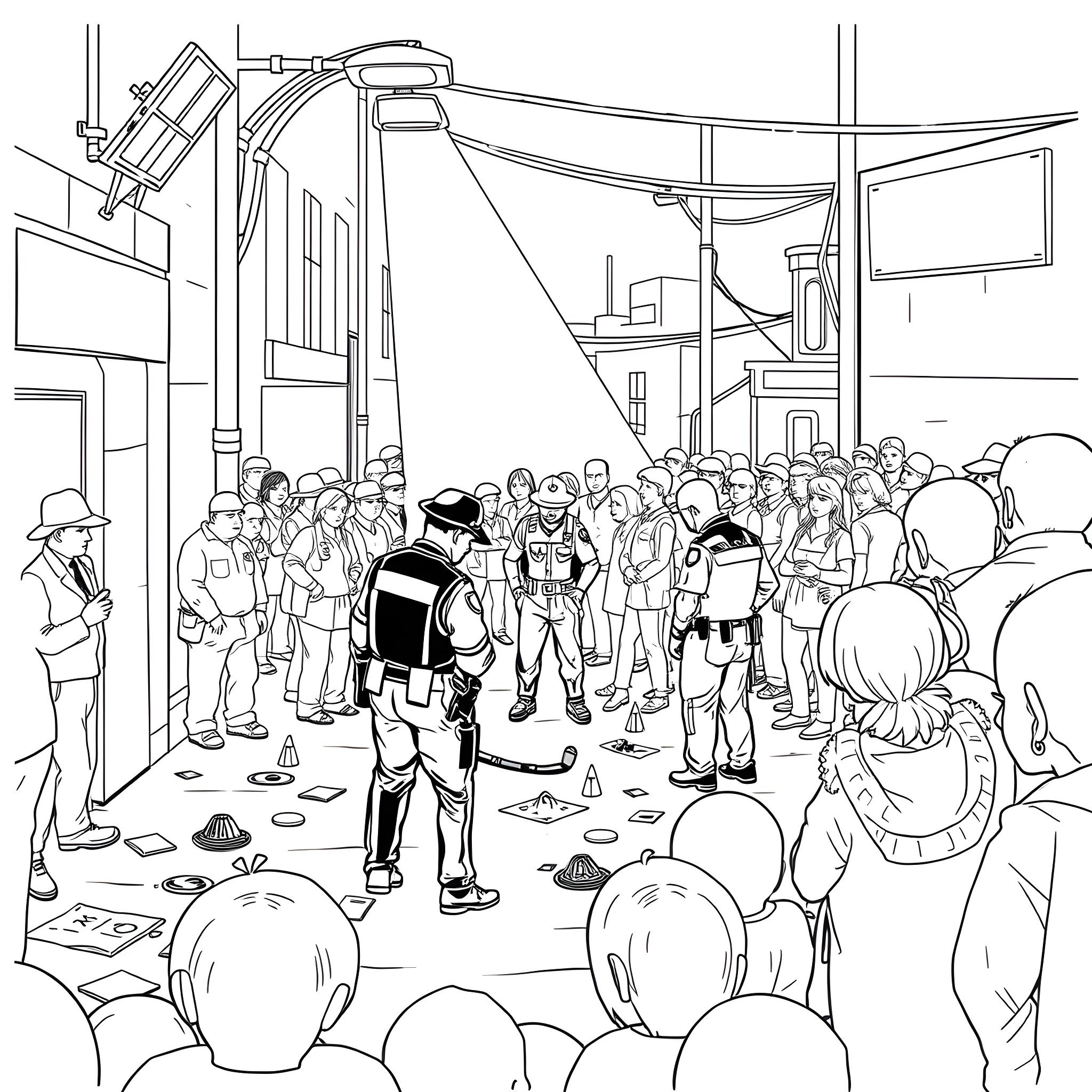 Police Responding to Emergency Situation in City Street Coloring Page (free black-and-white line drawing printable PDF for all, from beginners to advanced learners, including children, teens, adults, and seniors)