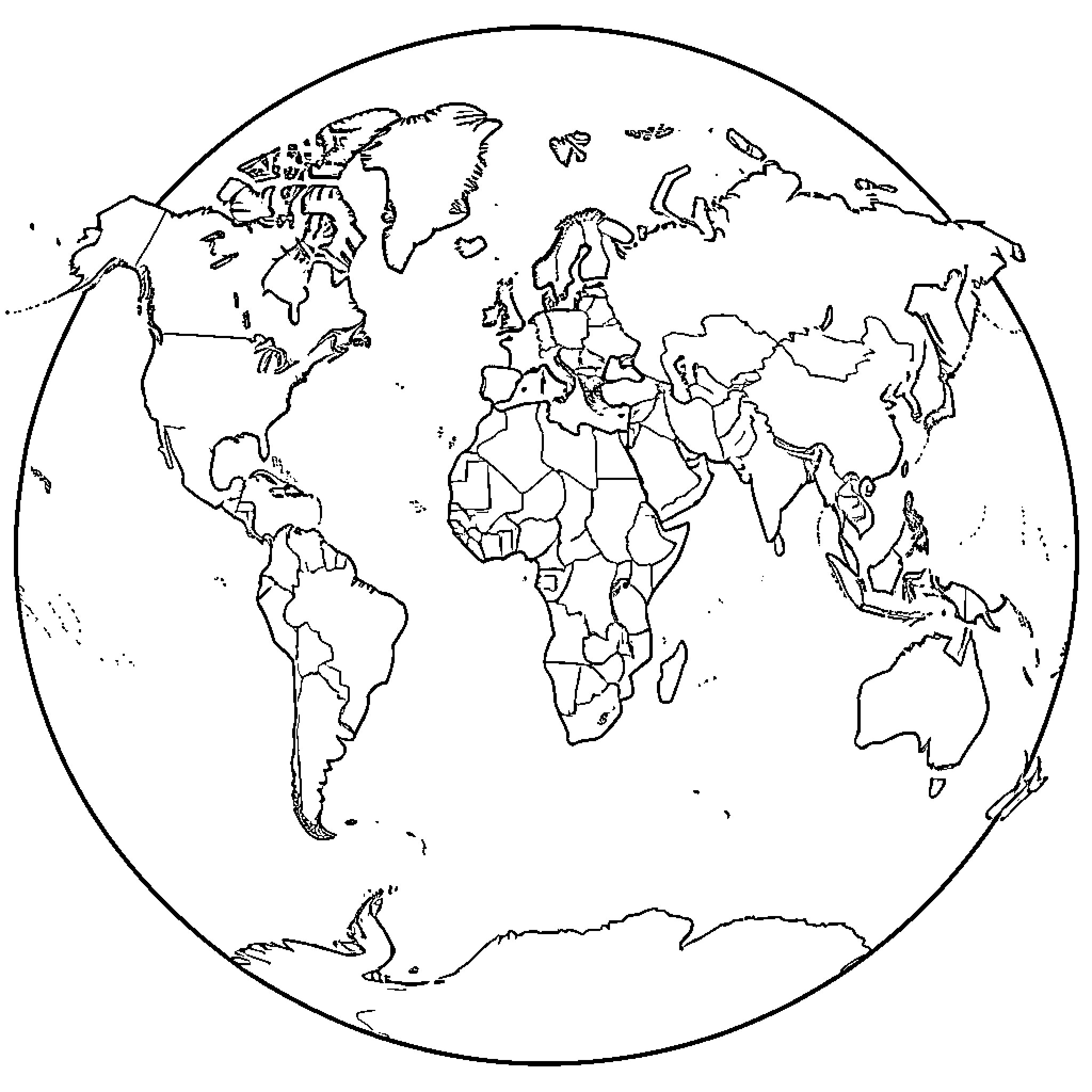 World Map showing various continents and country outlines Coloring Page (free black-and-white line drawing printable PDF for all, from beginners to advanced learners, including children, teens, adults, and seniors)