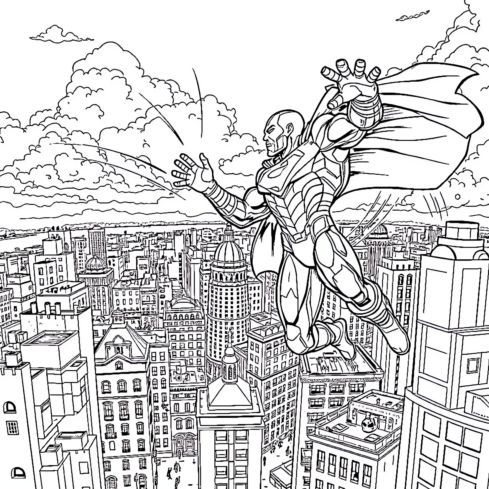 Superhero Soaring Above the Cityscape Coloring Page (free black-and-white line drawing printable PDF for all, from beginners to advanced learners, including children, teens, adults, and seniors)