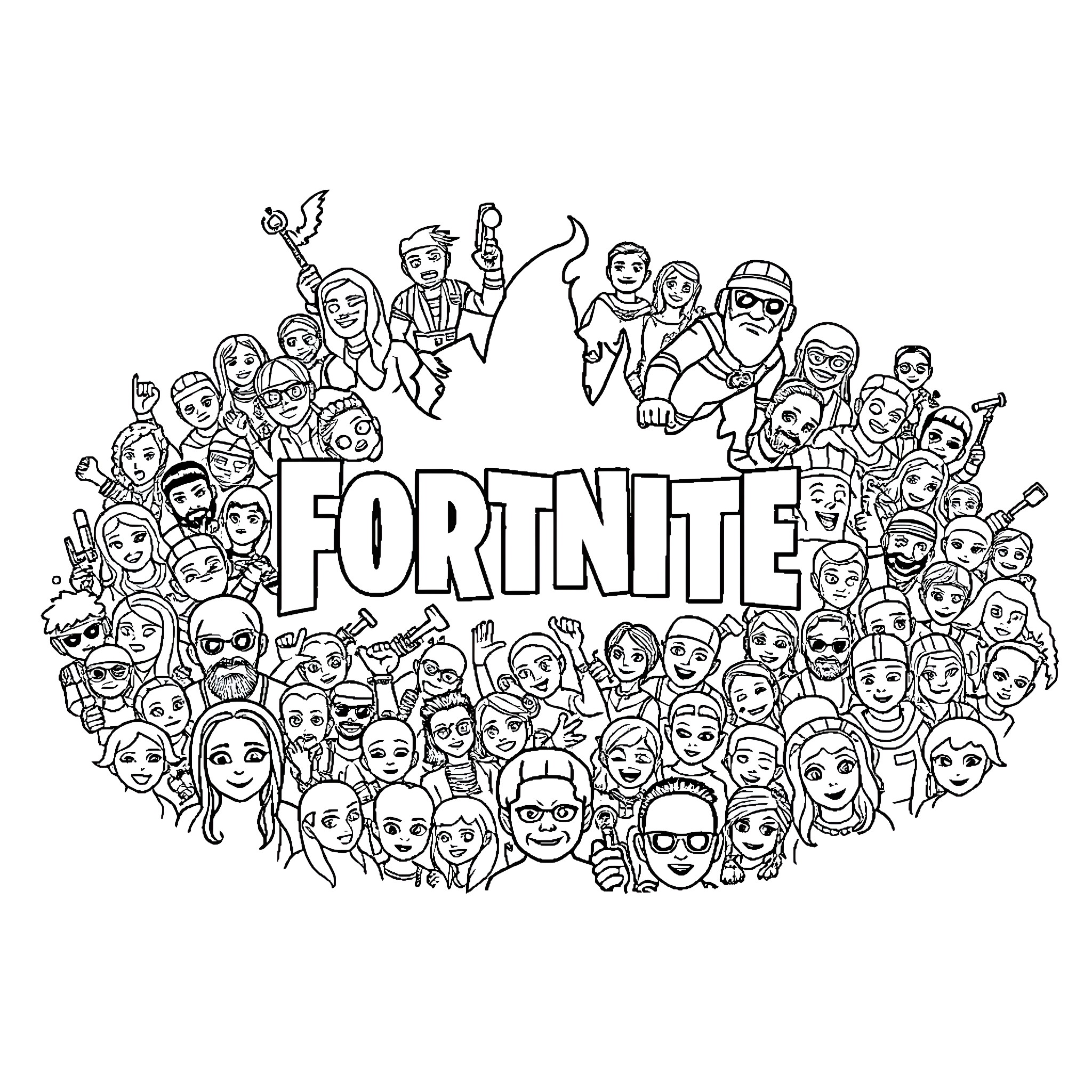Fortnite characters in dynamic action poses Coloring Page (free black-and-white line drawing printable PDF for all, from beginners to advanced learners, including children, teens, adults, and seniors)