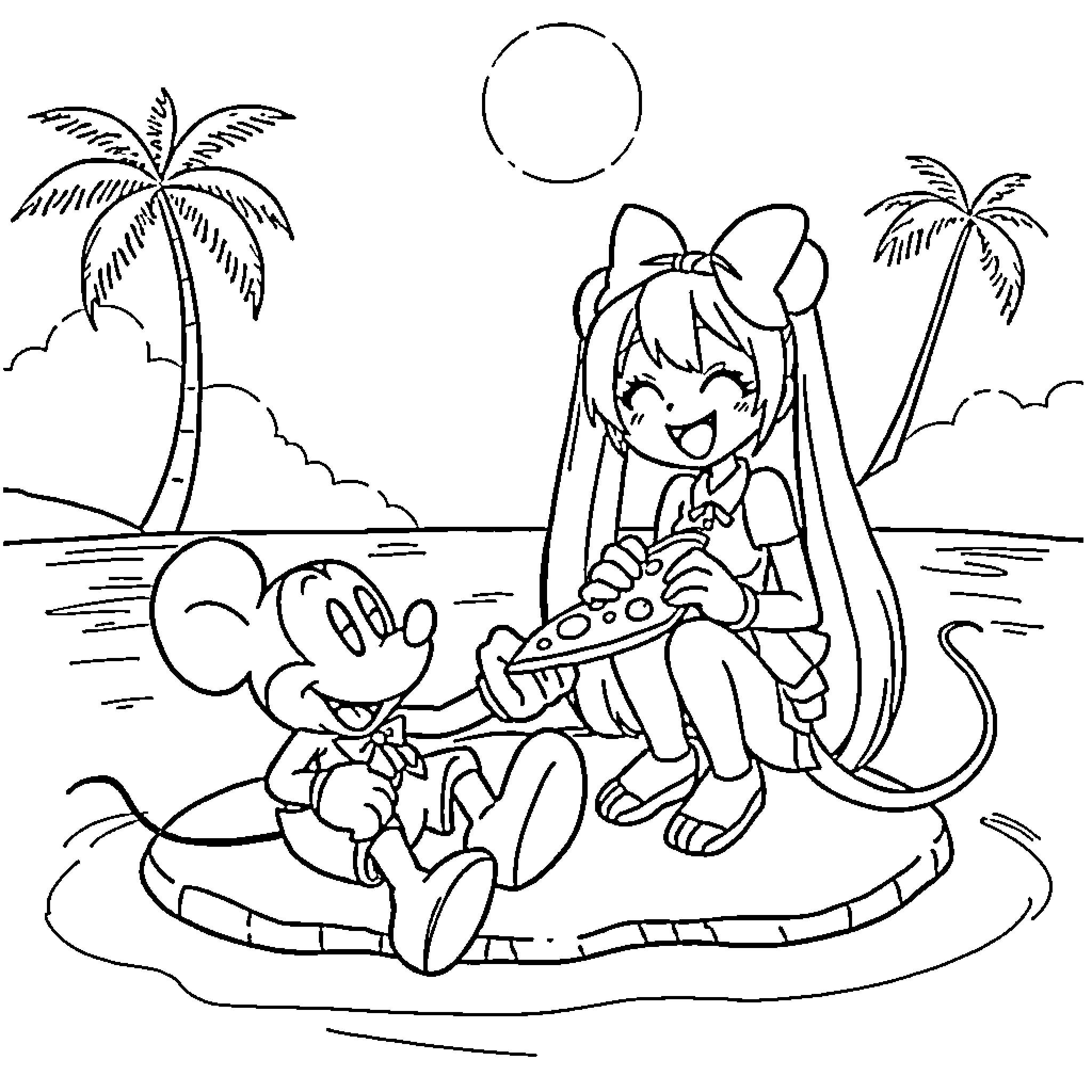 Hatsune Miku and Mickey Mouse enjoying summer on the beach Coloring Page (free black-and-white line drawing printable PDF for all, from beginners to advanced learners, including children, teens, adults, and seniors)