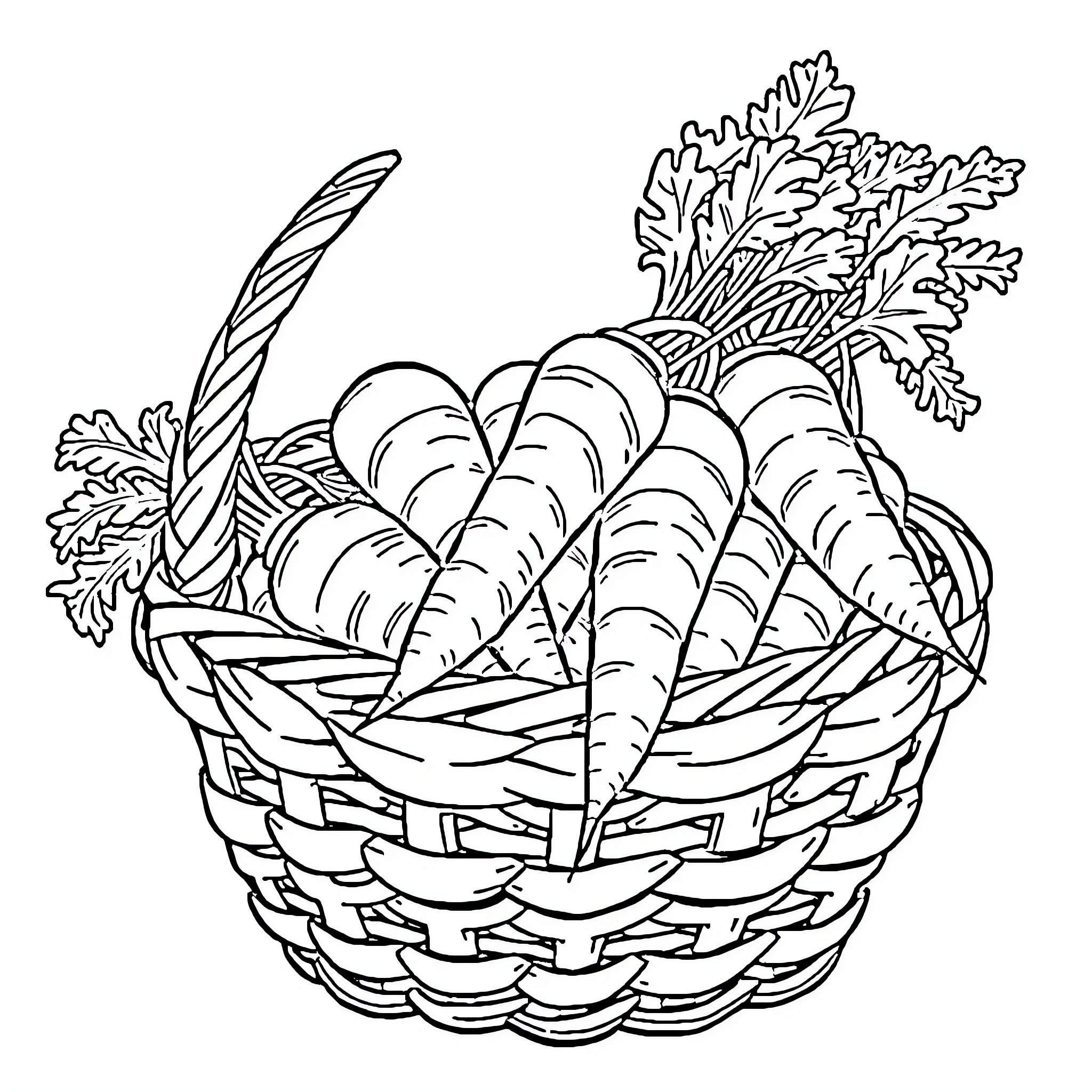 Carrot basket filled with fresh produce Coloring Page (free black-and-white line drawing printable PDF for all, from beginners to advanced learners, including children, teens, adults, and seniors)