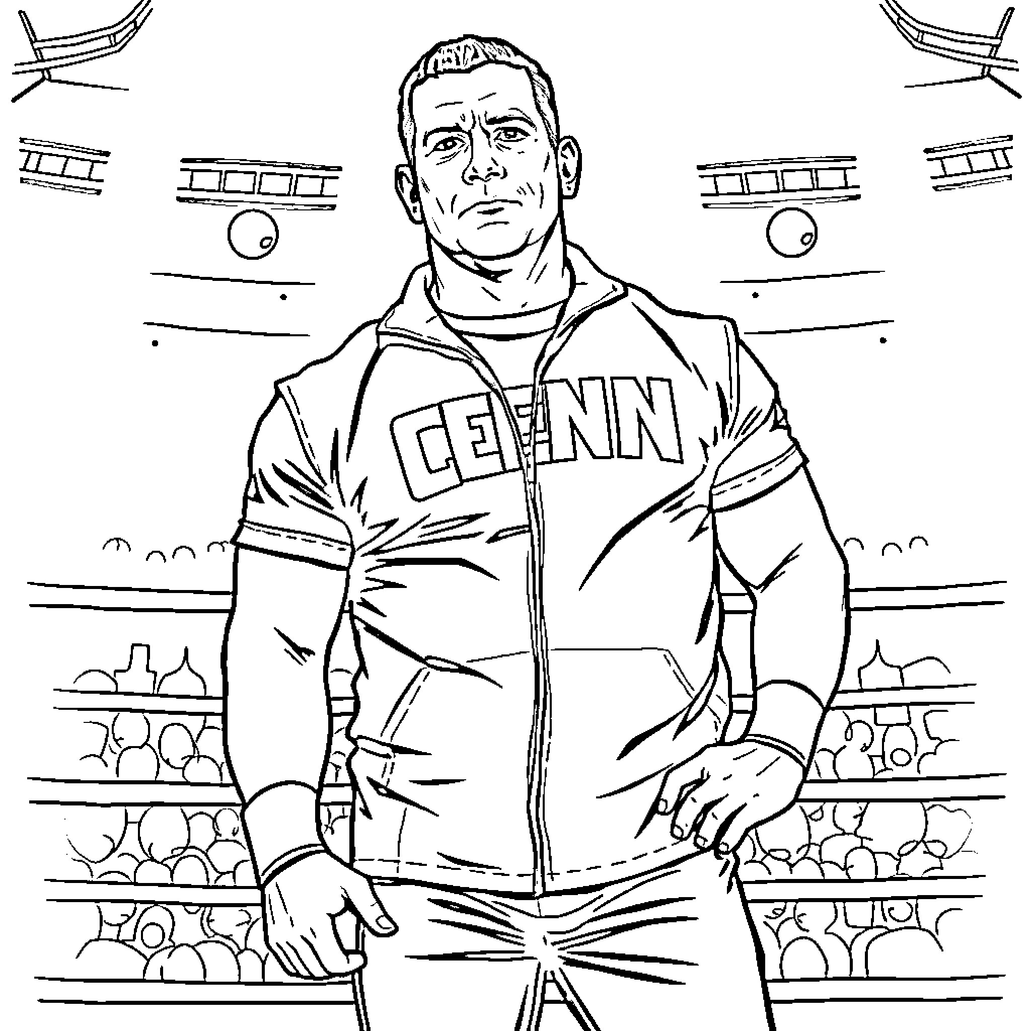 John Cena ready for a wrestling match Coloring Page (free black-and-white line drawing printable PDF for all, from beginners to advanced learners, including children, teens, adults, and seniors)