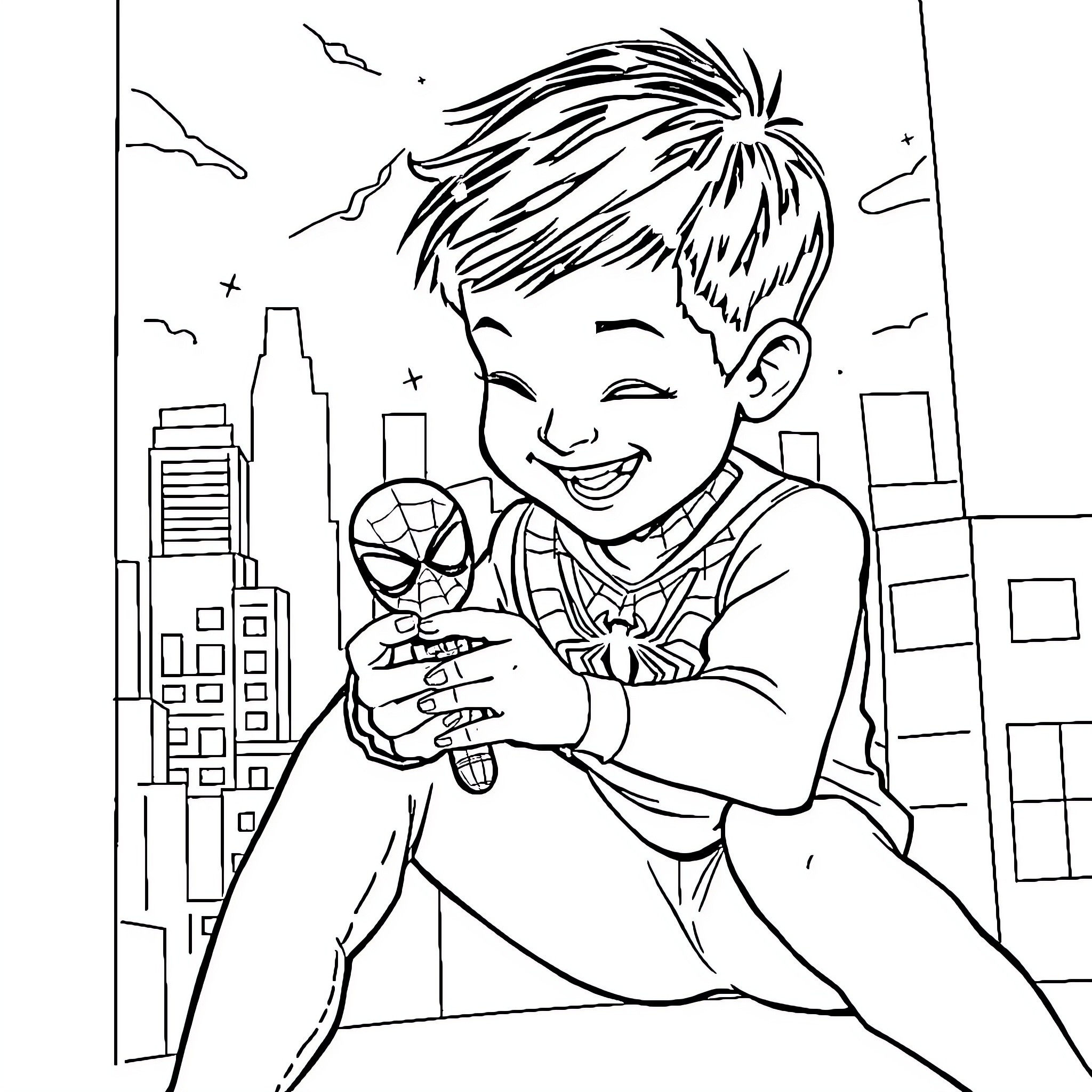 Boy enjoys playing with superhero toys in the city Coloring Page (free black-and-white line drawing printable PDF for all, from beginners to advanced learners, including children, teens, adults, and seniors)
