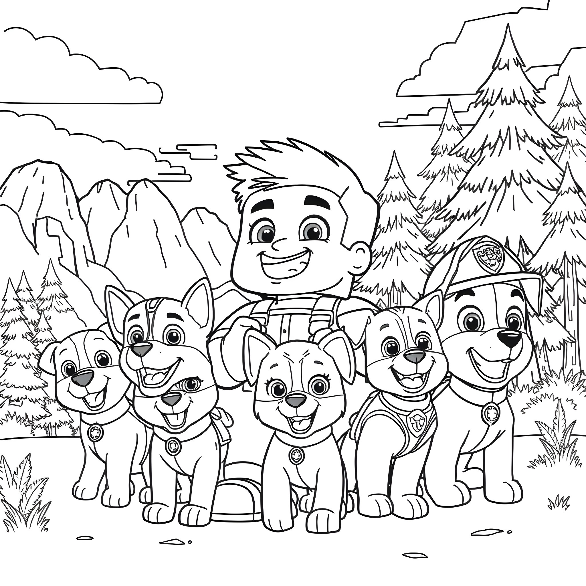 Steve and the Playful Pups in the Mountains Coloring Page (free black-and-white line drawing printable PDF for all, from beginners to advanced learners, including children, teens, adults, and seniors)