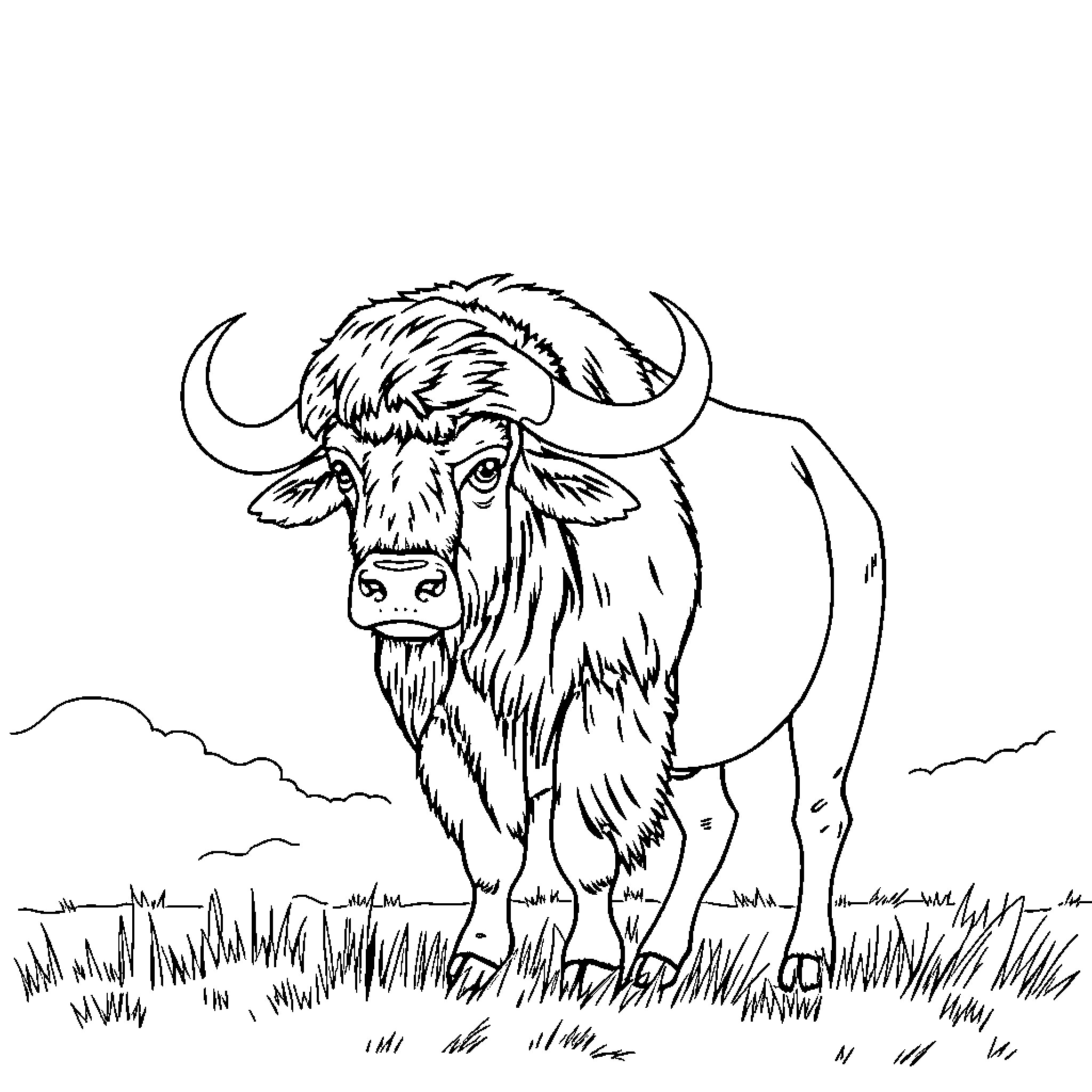 Buffalo standing in the grassy field Coloring Page (free black-and-white line drawing printable PDF for all, from beginners to advanced learners, including children, teens, adults, and seniors)