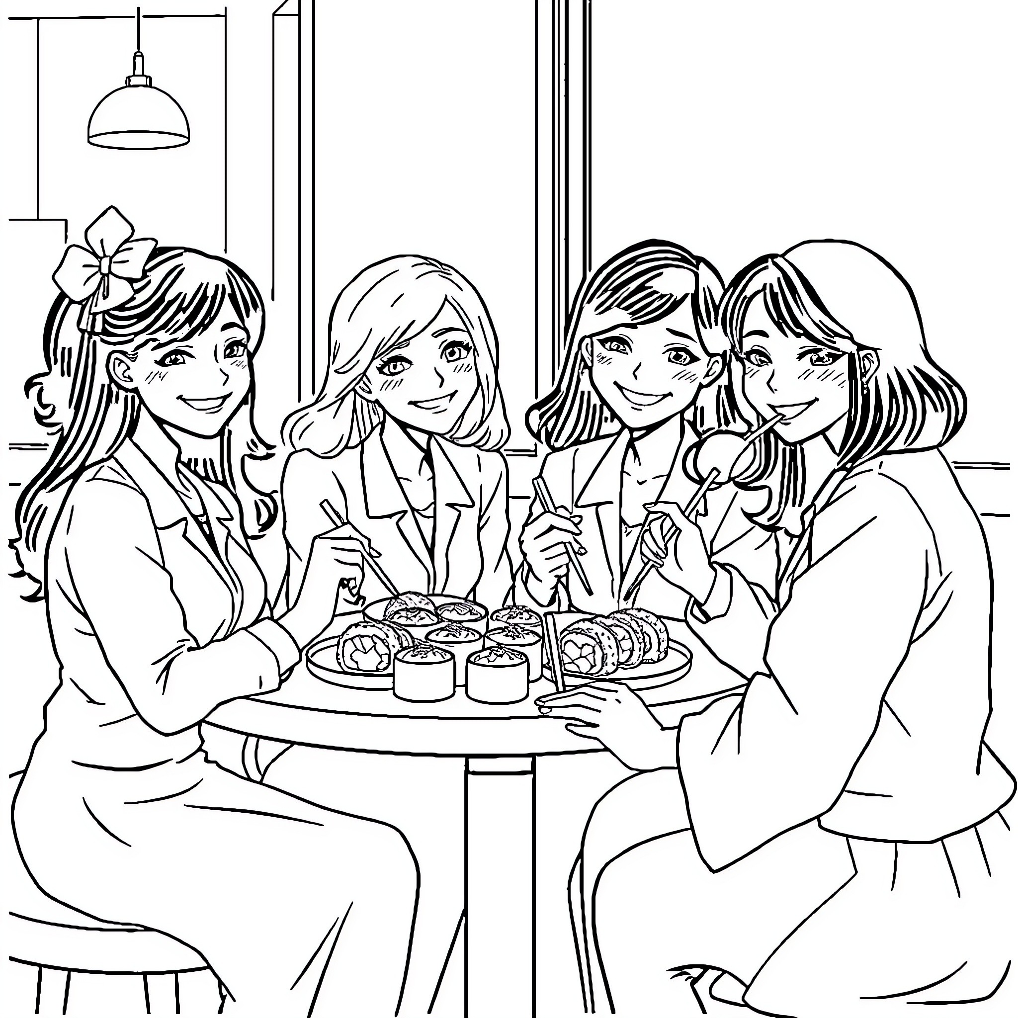 Teacher and students enjoying snacks together Coloring Page (free black-and-white line drawing printable PDF for all, from beginners to advanced learners, including children, teens, adults, and seniors)