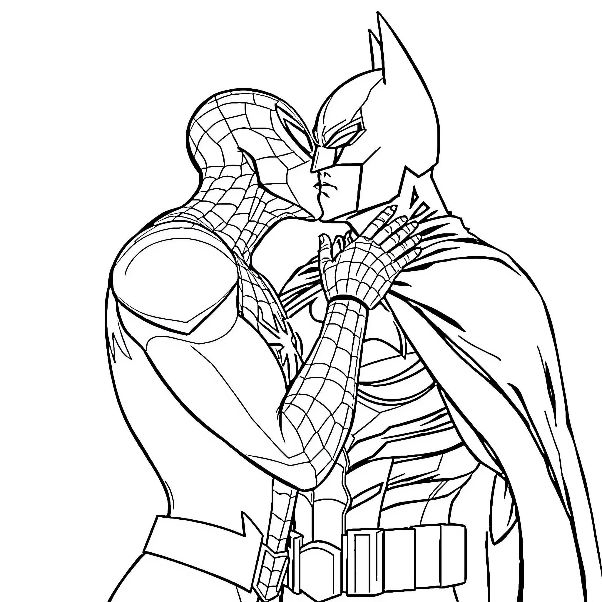 Spider-Man and Batman in heroic battle stance Coloring Page (free black-and-white line drawing printable PDF for all, from beginners to advanced learners, including children, teens, adults, and seniors)