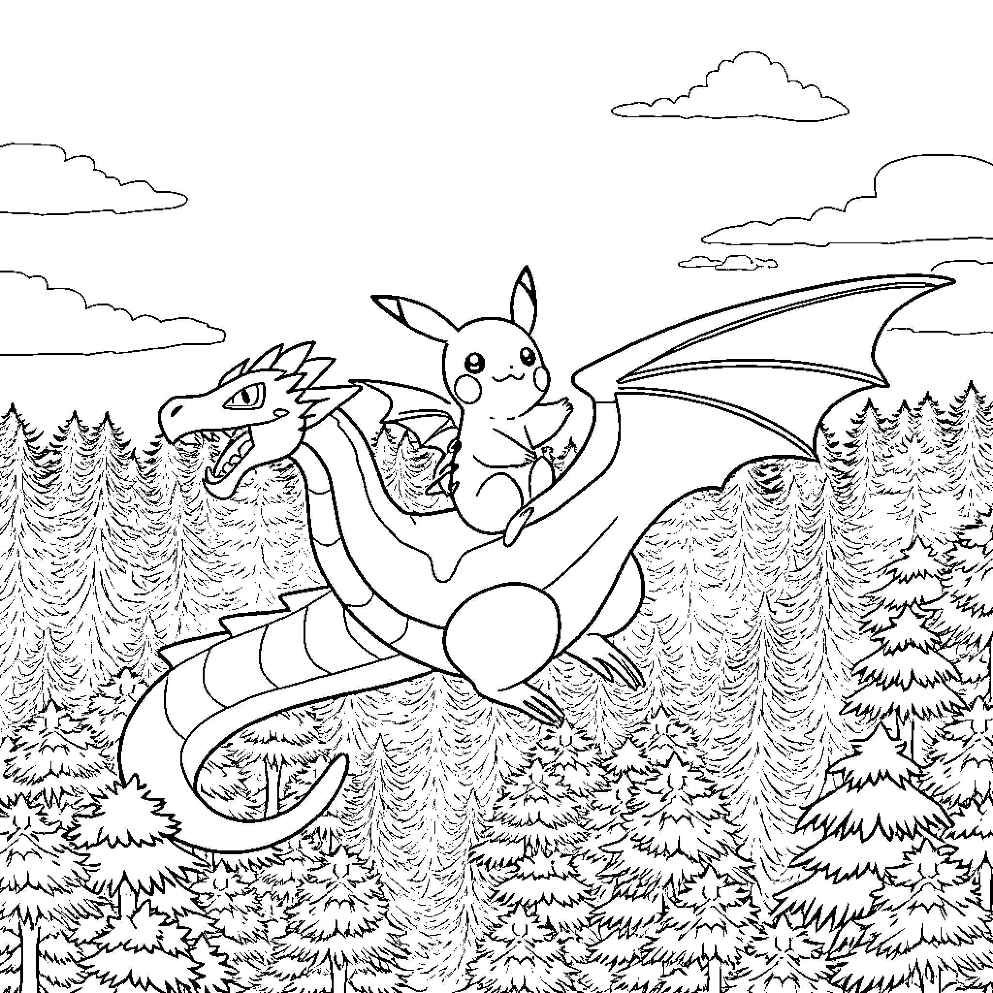 Pikachu riding a dragon through the forest Coloring Page (free black-and-white line drawing printable PDF for all, from beginners to advanced learners, including children, teens, adults, and seniors)