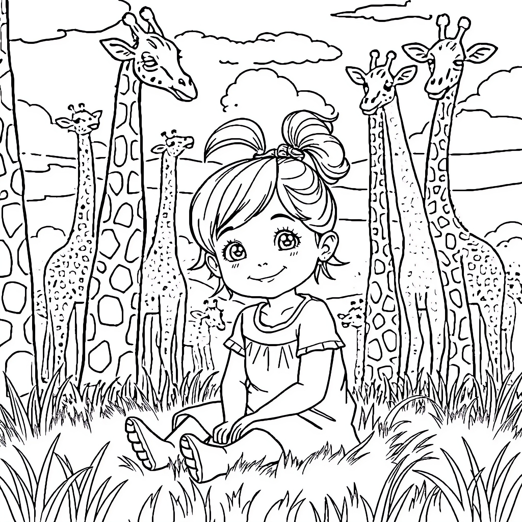 Girl explores the serene wildlife safari Coloring Page (free black-and-white line drawing printable PDF for all, from beginners to advanced learners, including children, teens, adults, and seniors)
