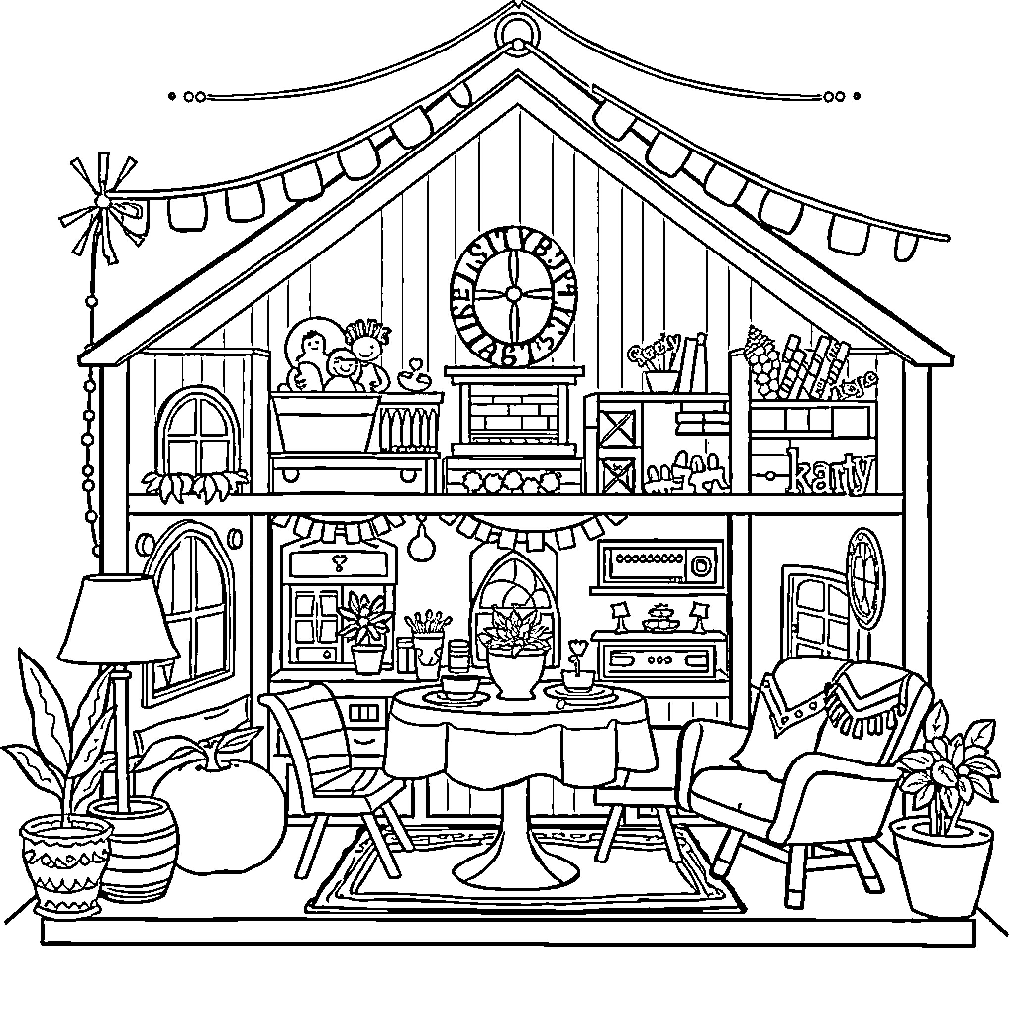 Gabby's Dollhouse: Cozy Cottage Scene with Toys and Furnishings Coloring Page (free black-and-white line drawing printable PDF for all, from beginners to advanced learners, including children, teens, adults, and seniors)