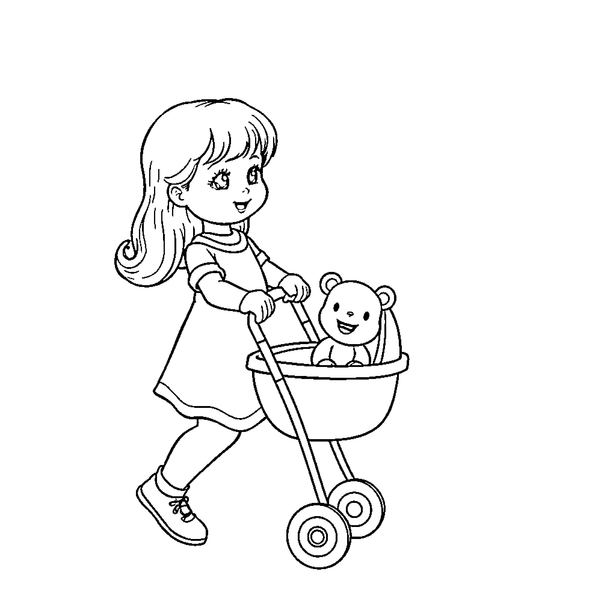 Doll with teddy bear in stroller Coloring Page (free black-and-white line drawing printable PDF for all, from beginners to advanced learners, including children, teens, adults, and seniors)