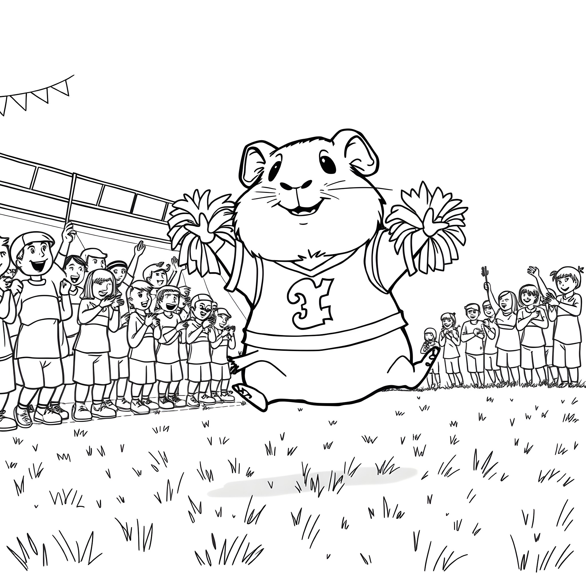 Guinea Pig cheerfully leading a group of supporters Coloring Page (free black-and-white line drawing printable PDF for all, from beginners to advanced learners, including children, teens, adults, and seniors)
