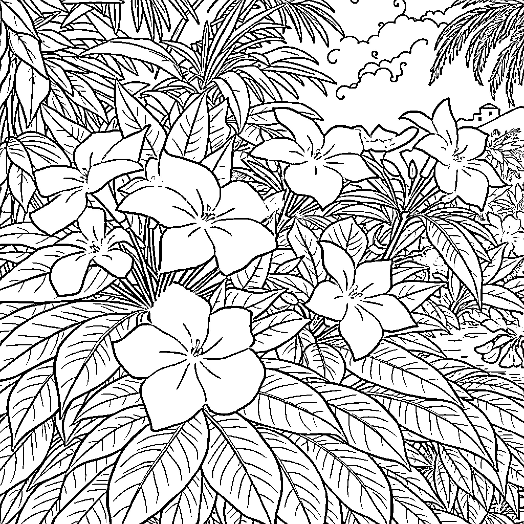 Teuila's Tropical Garden Adventure Coloring Page (free black-and-white line drawing printable PDF for all, from beginners to advanced learners, including children, teens, adults, and seniors)