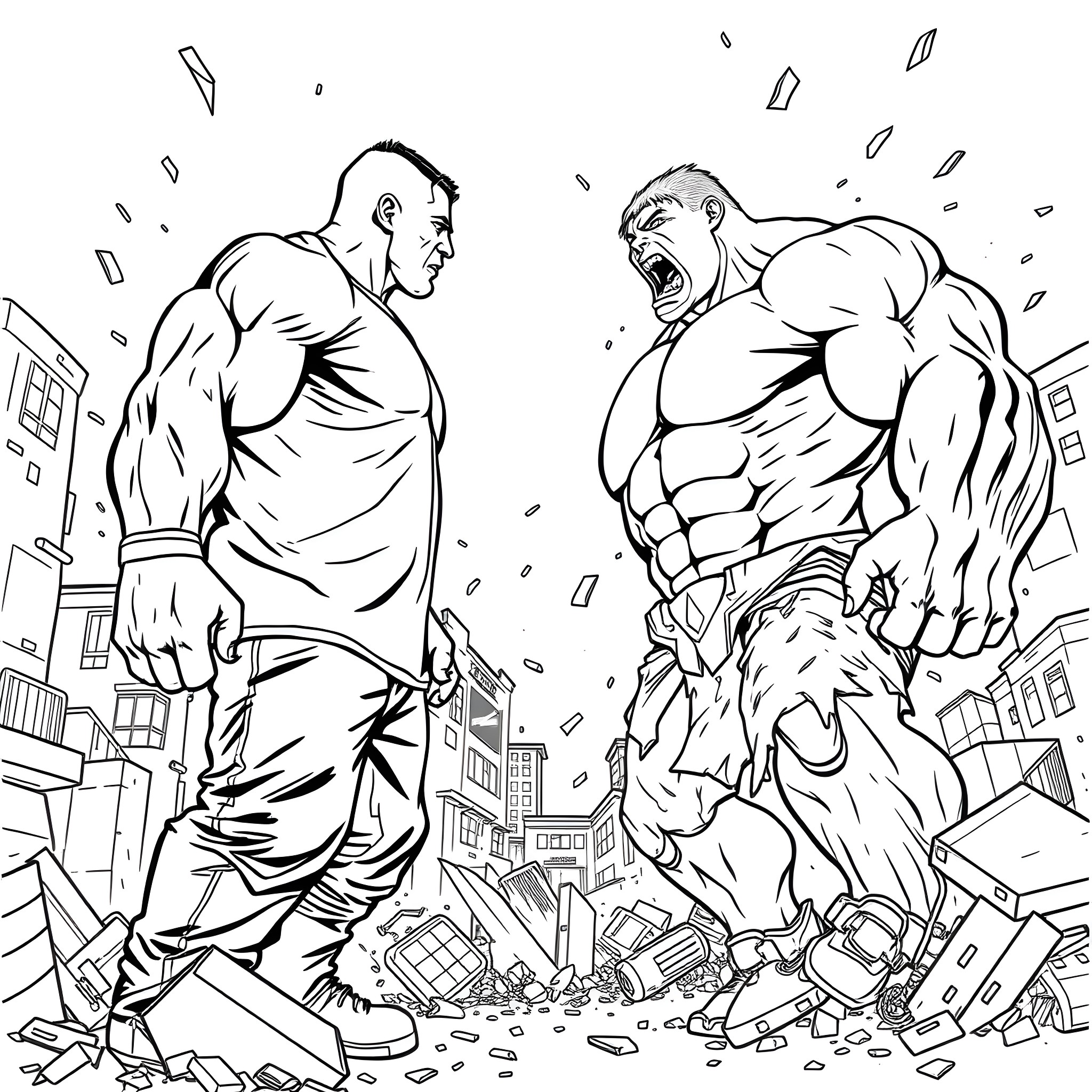 John Cena battles a colossal, muscular creature in a cityscape Coloring Page (free black-and-white line drawing printable PDF for all, from beginners to advanced learners, including children, teens, adults, and seniors)