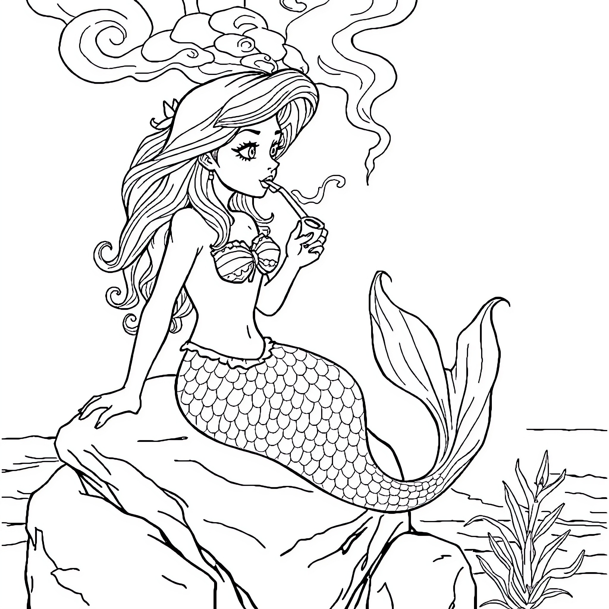 Mermaid lounging on the sea floor Coloring Page (free black-and-white line drawing printable PDF for all, from beginners to advanced learners, including children, teens, adults, and seniors)