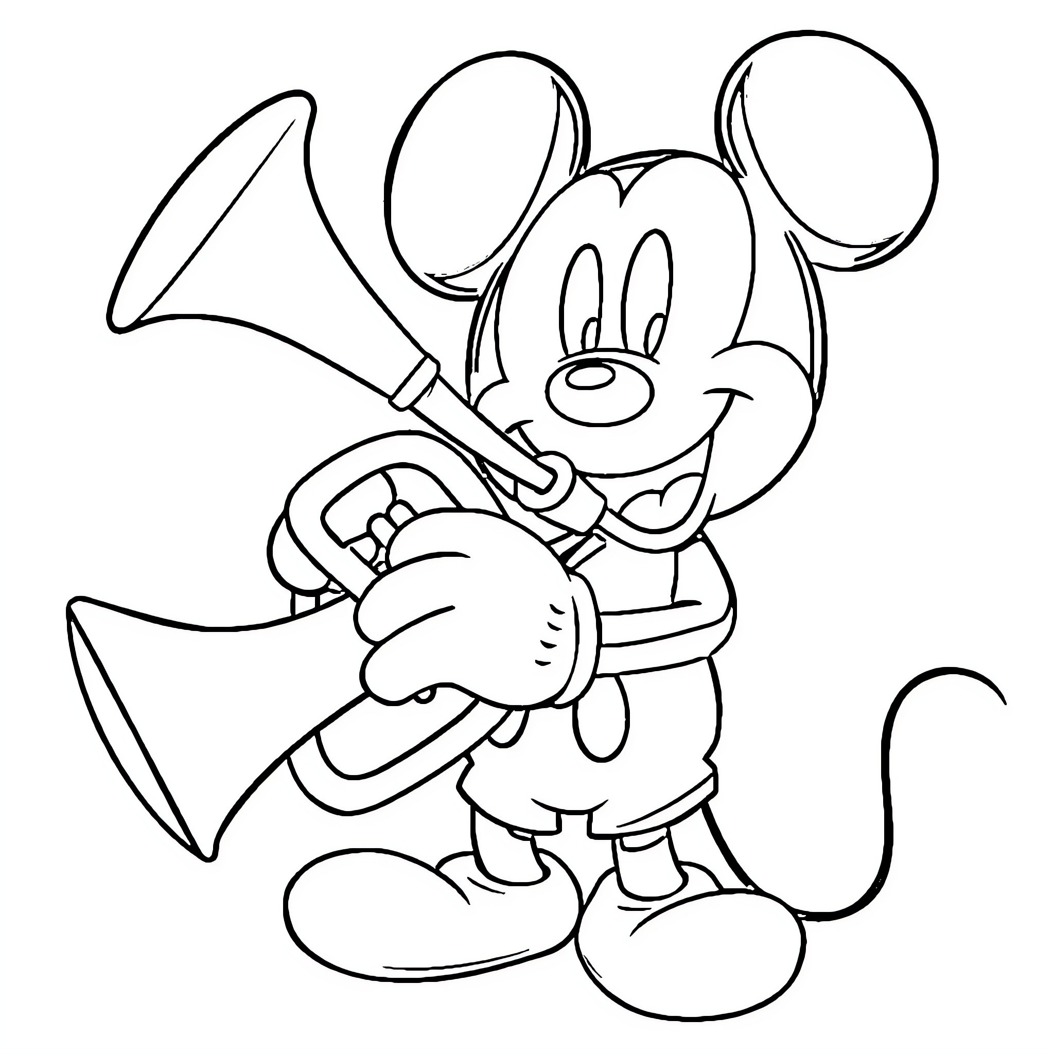 Mickey Mouse playing a musical instrument happily Coloring Page (free black-and-white line drawing printable PDF for all, from beginners to advanced learners, including children, teens, adults, and seniors)