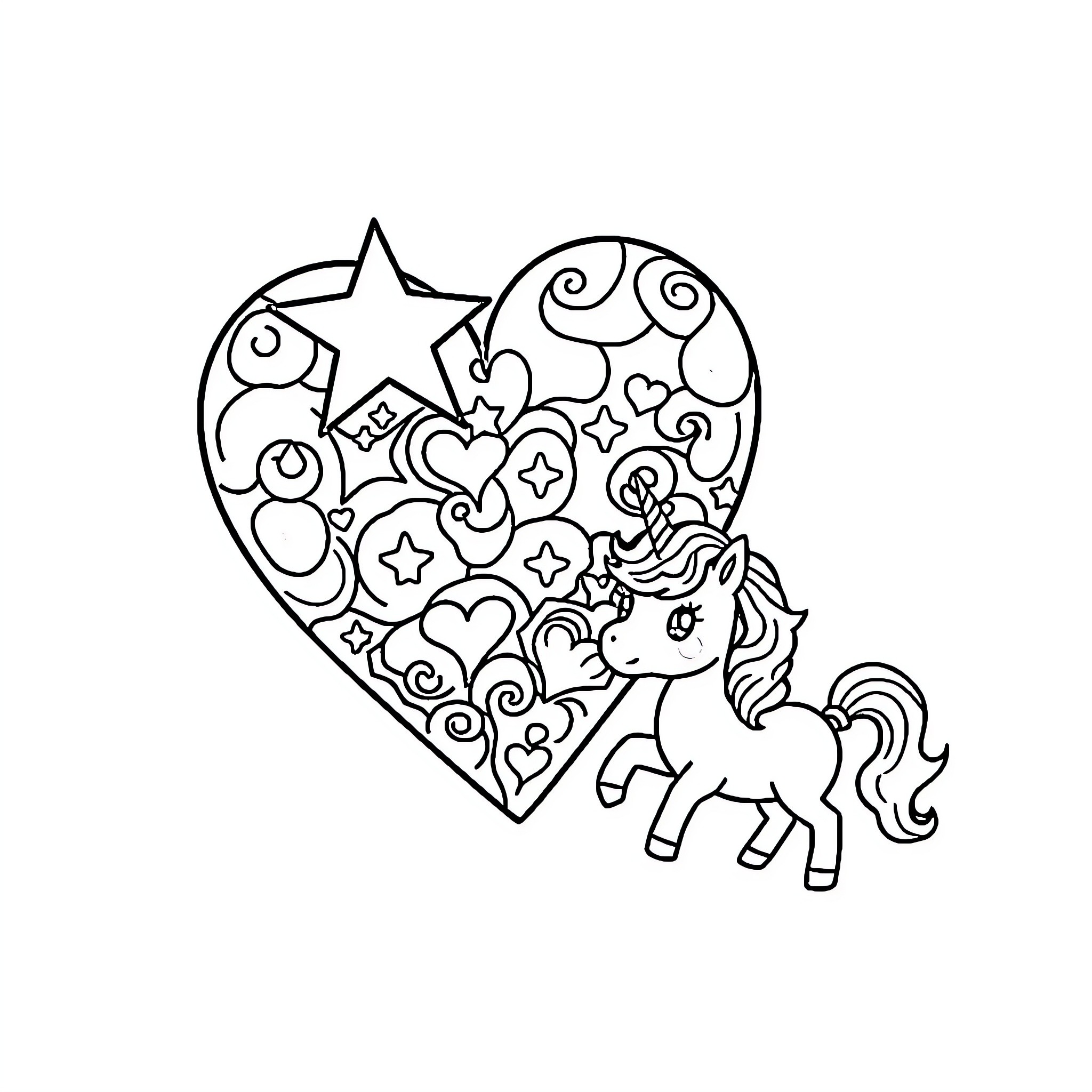 Heart-shaped Unicorn Doodle with Whimsical Symbols Coloring Page (free black-and-white line drawing printable PDF for all, from beginners to advanced learners, including children, teens, adults, and seniors)