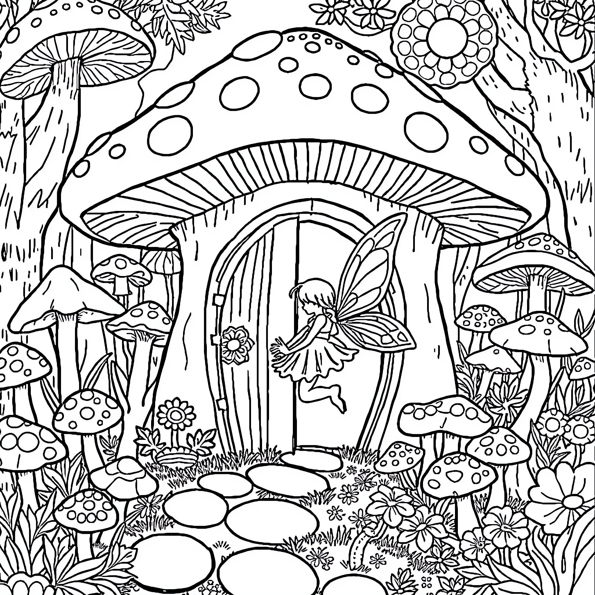 Fairy Magic in the Enchanted Mushroom Forest Coloring Page (free black-and-white line drawing printable PDF for all, from beginners to advanced learners, including children, teens, adults, and seniors)