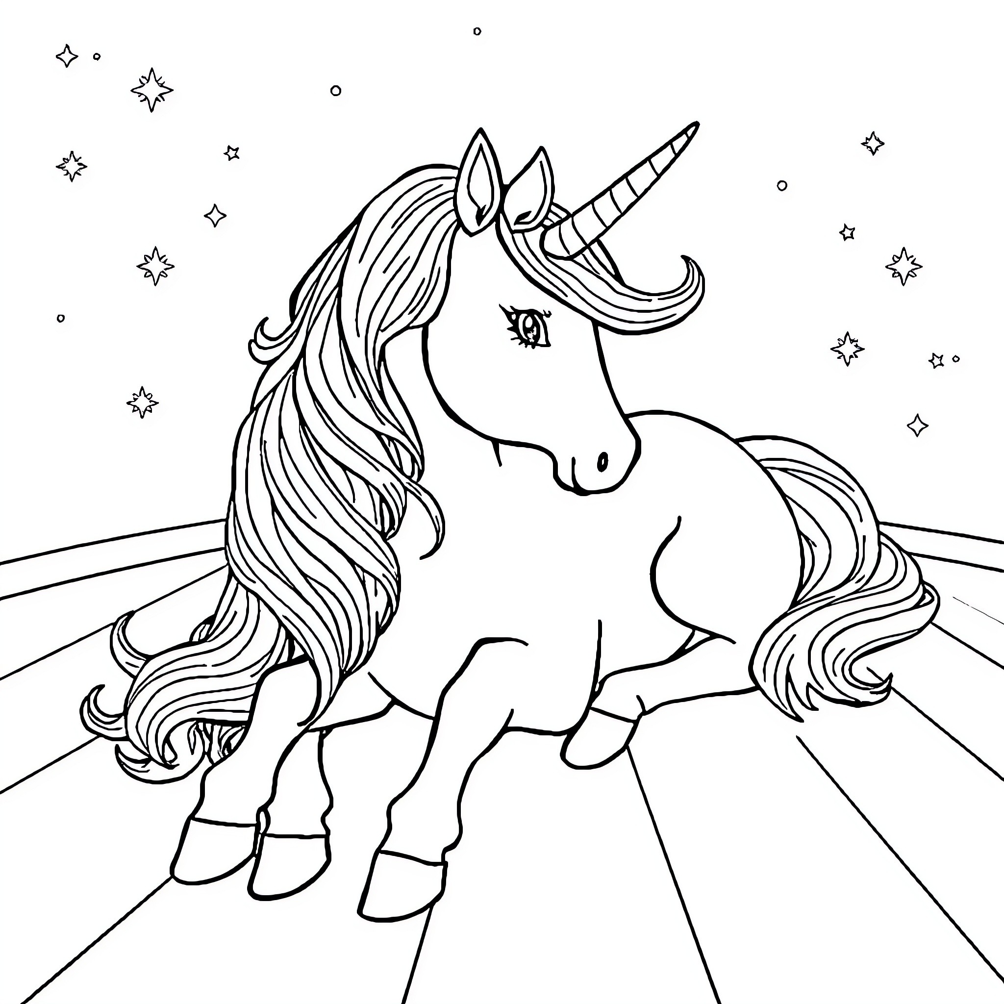 Unicorn prancing through a starry night sky Coloring Page (free black-and-white line drawing printable PDF for all, from beginners to advanced learners, including children, teens, adults, and seniors)