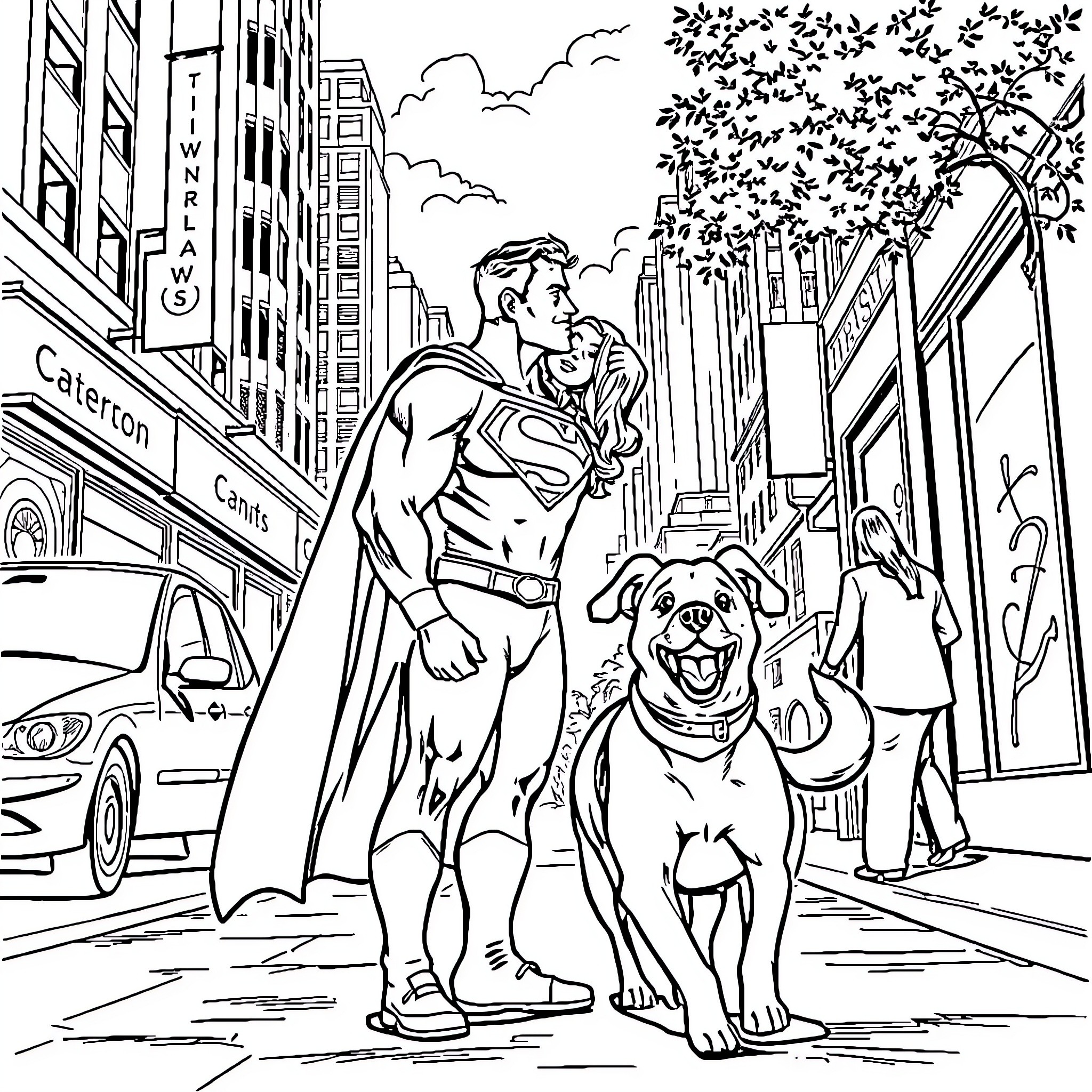Superman embracing companion in city street Coloring Page (free black-and-white line drawing printable PDF for all, from beginners to advanced learners, including children, teens, adults, and seniors)