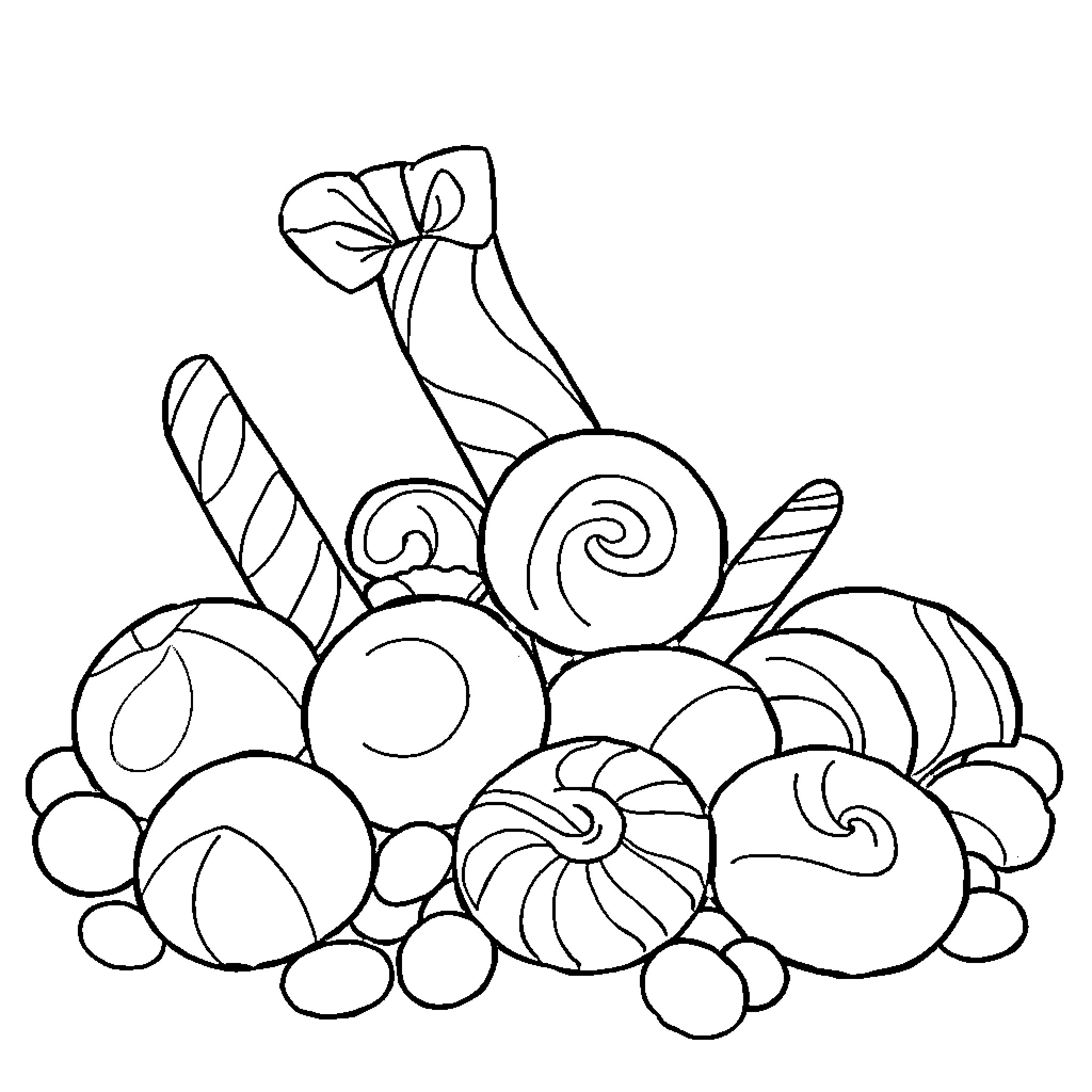 Candy Assortment with Swirls and Shapes Coloring Page (free black-and-white line drawing printable PDF for all, from beginners to advanced learners, including children, teens, adults, and seniors)