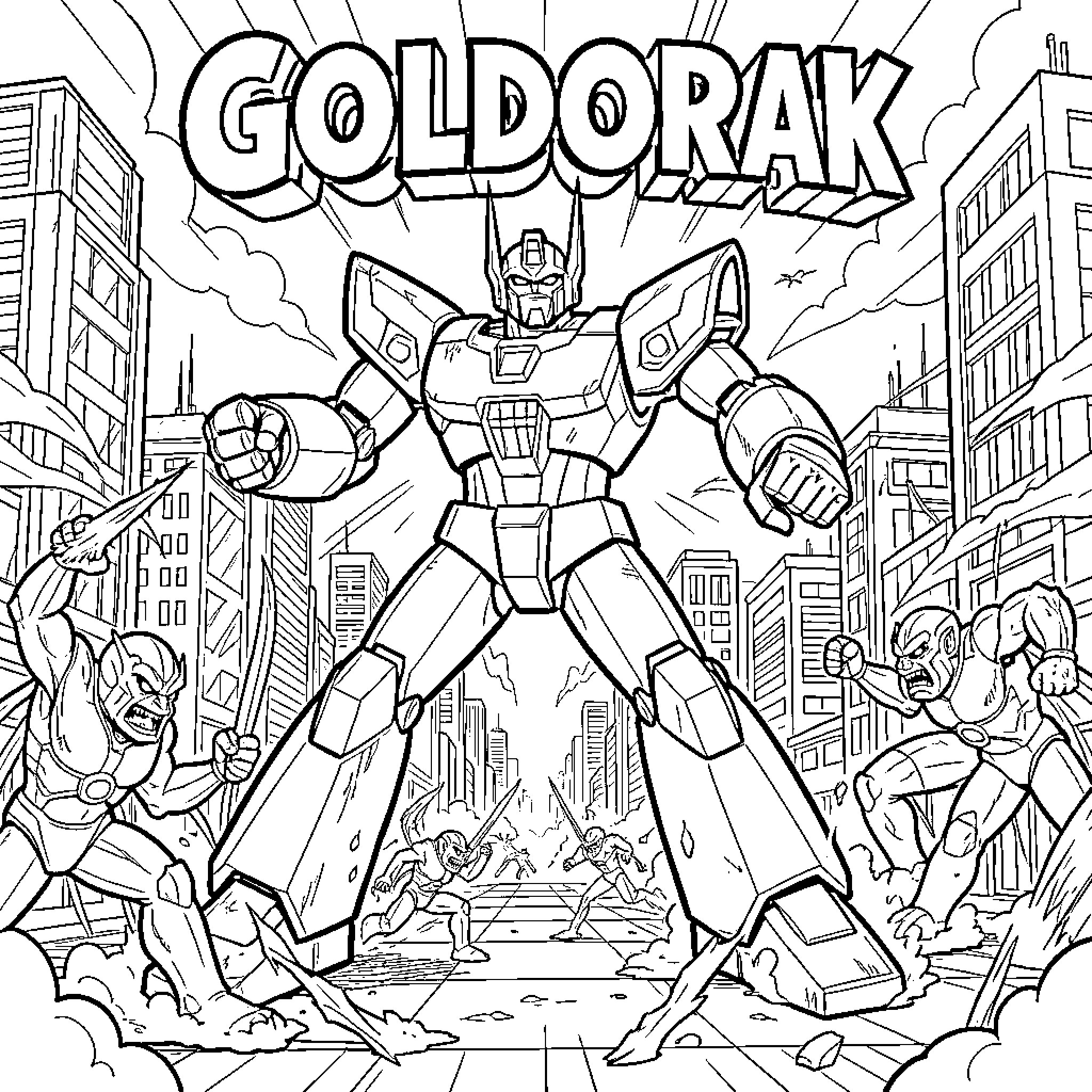 Goldorak battles against foes in the city Coloring Page (free black-and-white line drawing printable PDF for all, from beginners to advanced learners, including children, teens, adults, and seniors)