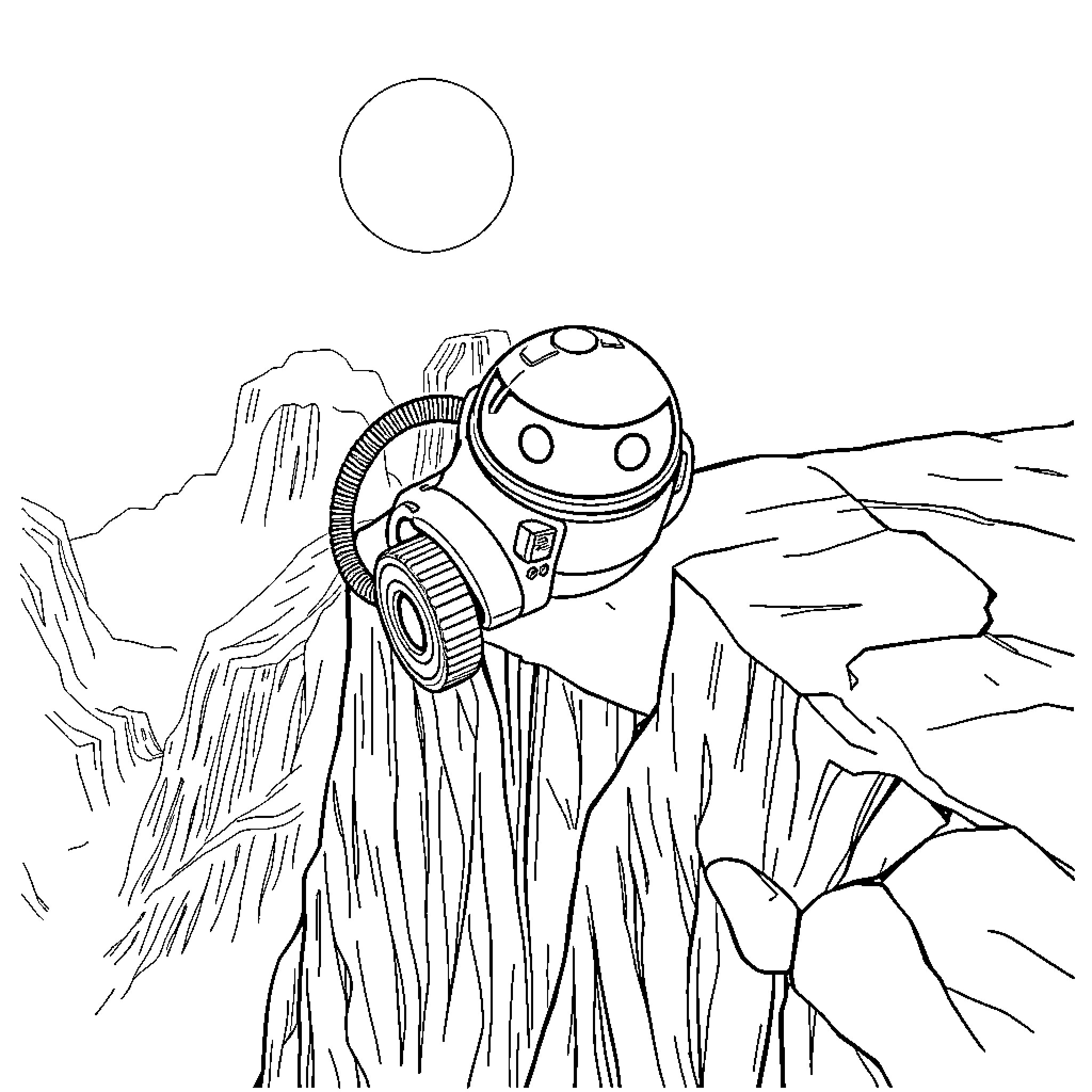 Robot exploring alien landscape Coloring Page (free black-and-white line drawing printable PDF for all, from beginners to advanced learners, including children, teens, adults, and seniors)