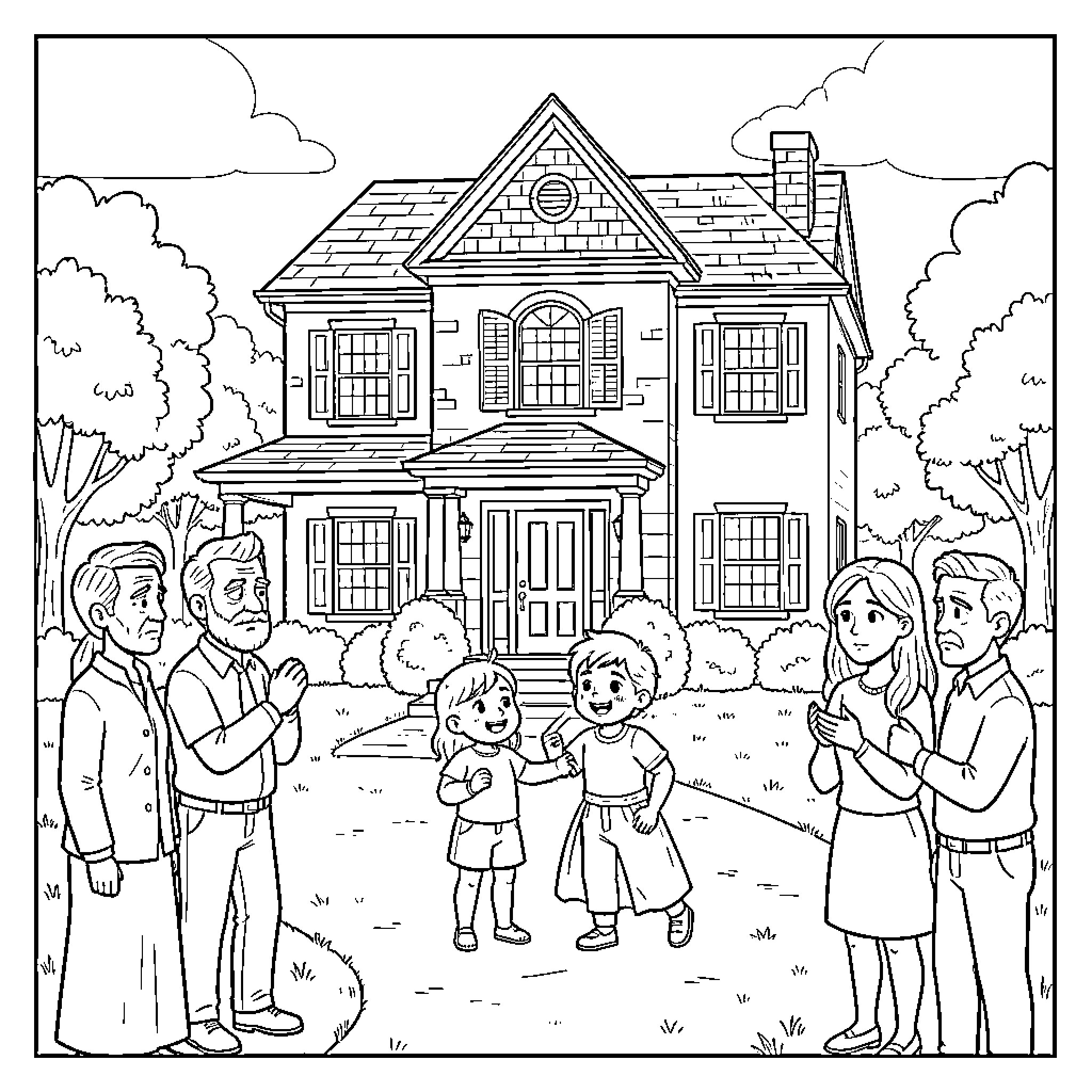 Familia enjoying a day outdoors by their home Coloring Page (free black-and-white line drawing printable PDF for all, from beginners to advanced learners, including children, teens, adults, and seniors)