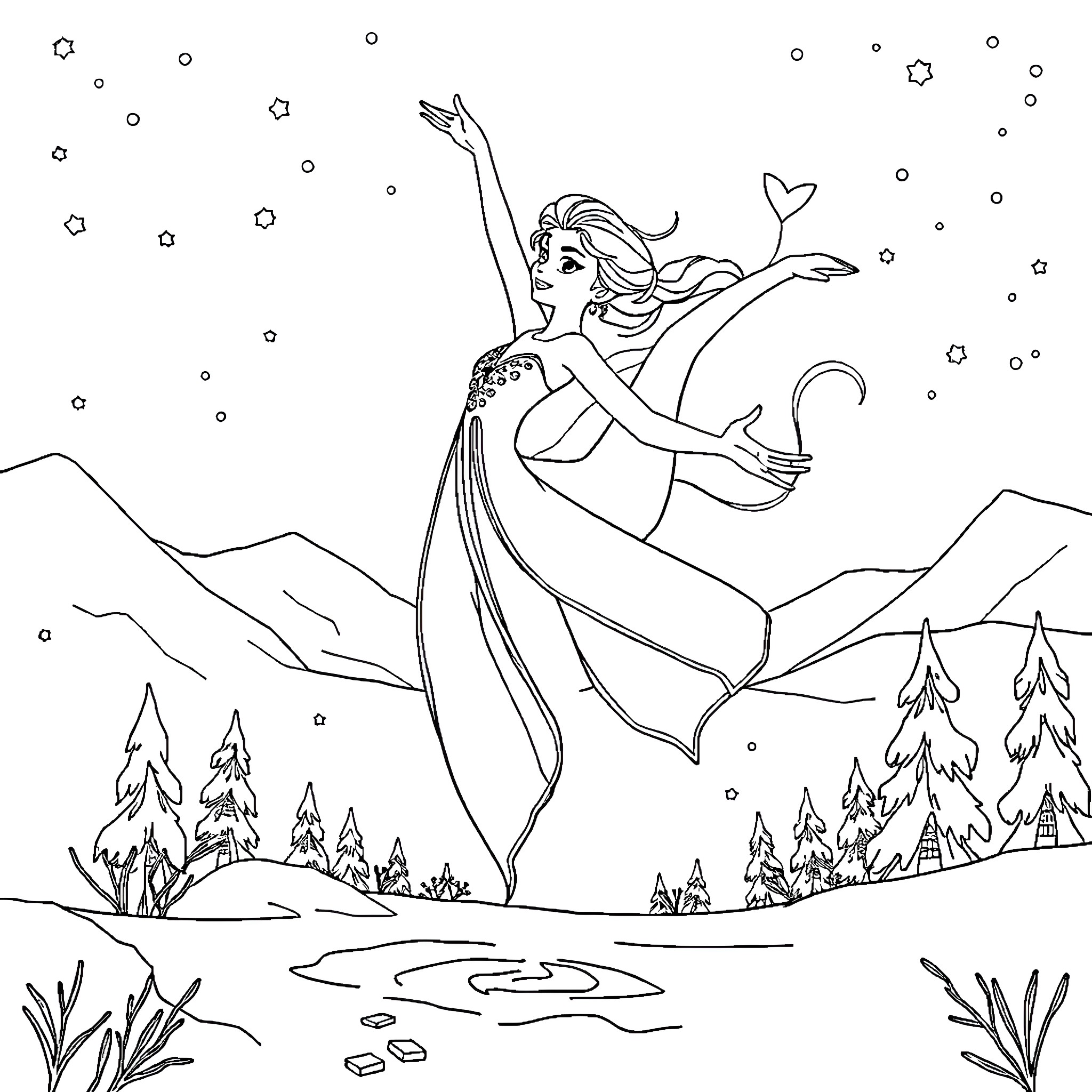 Elsa's Magical Winter Dance Coloring Page (free black-and-white line drawing printable PDF for all, from beginners to advanced learners, including children, teens, adults, and seniors)