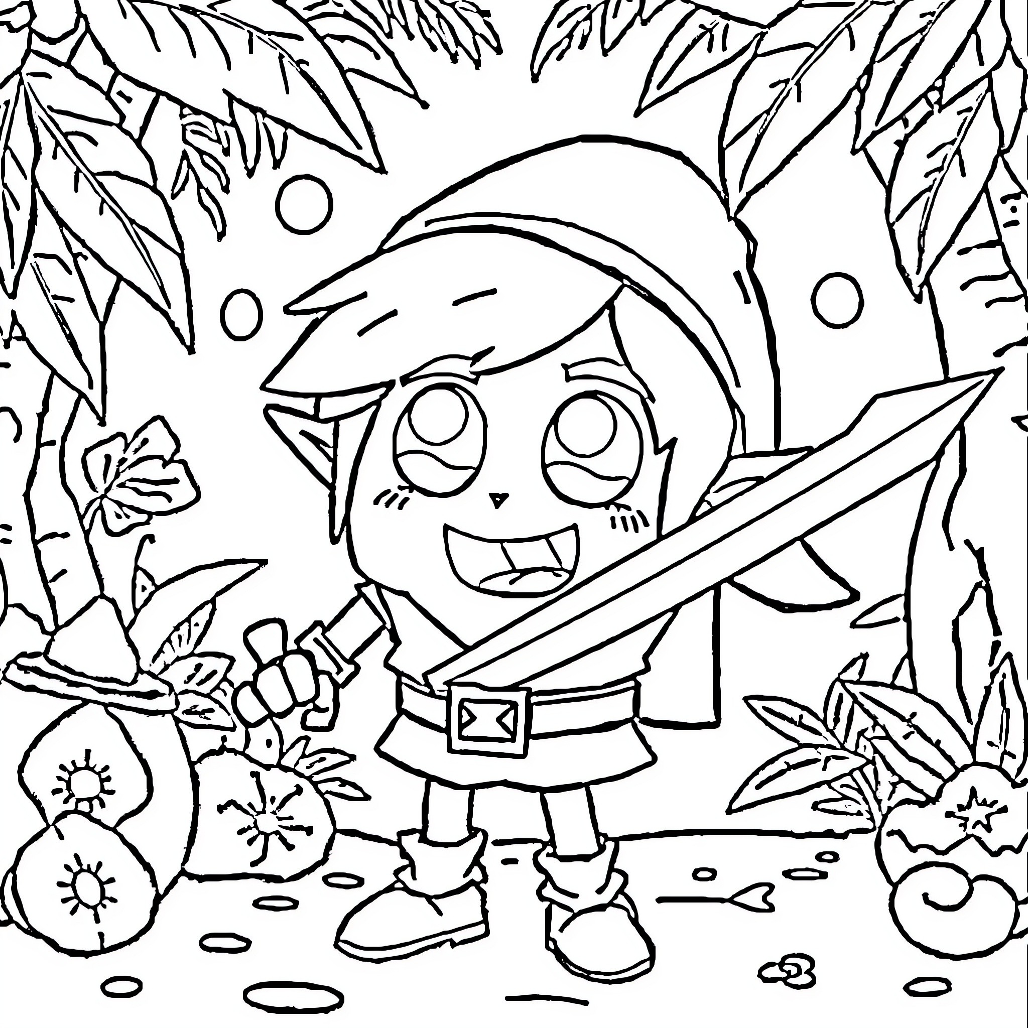 Bob esponja adventures in the jungle with sword Coloring Page (free black-and-white line drawing printable PDF for all, from beginners to advanced learners, including children, teens, adults, and seniors)