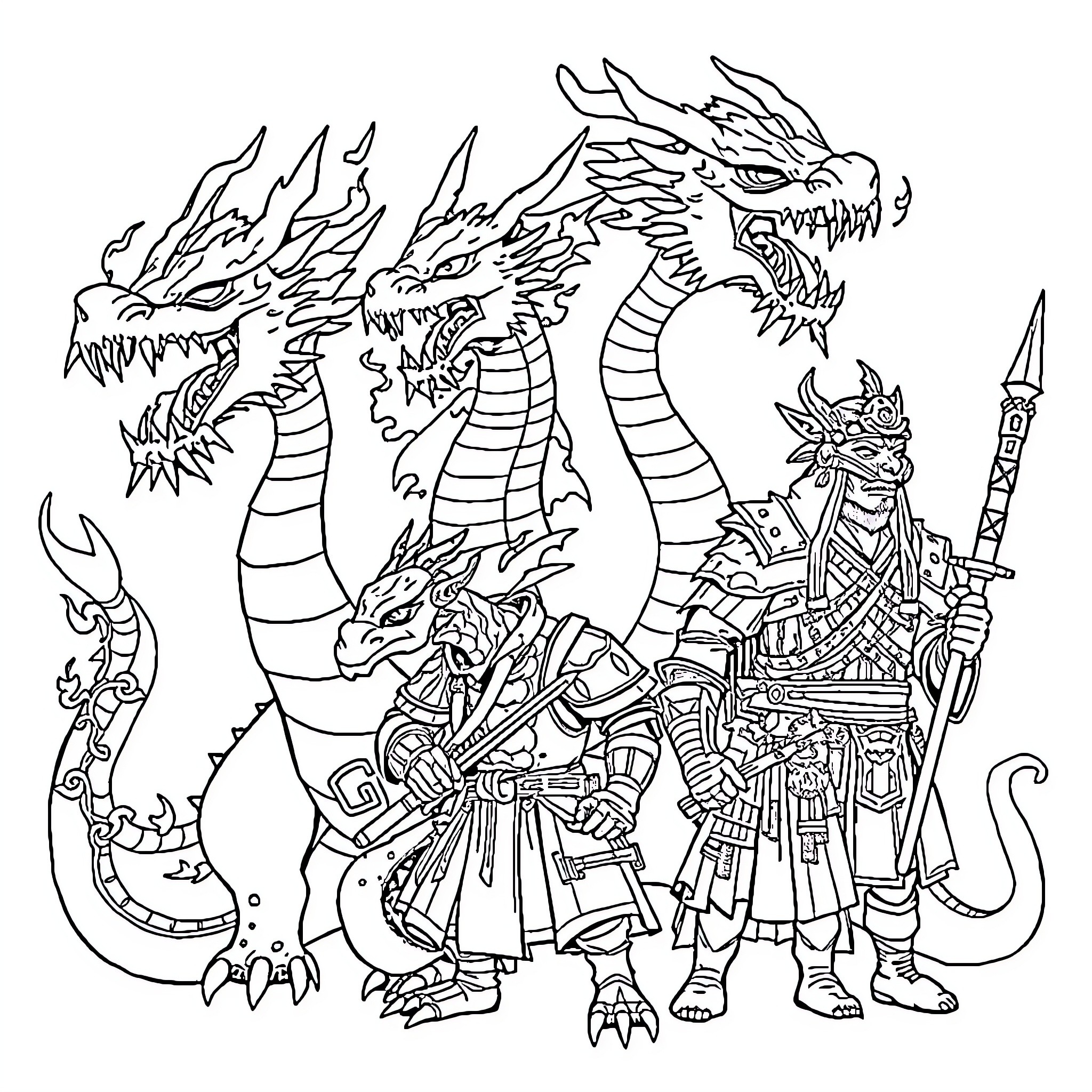 DND Character Battle with Mythical Dragons Coloring Page (free black-and-white line drawing printable PDF for all, from beginners to advanced learners, including children, teens, adults, and seniors)