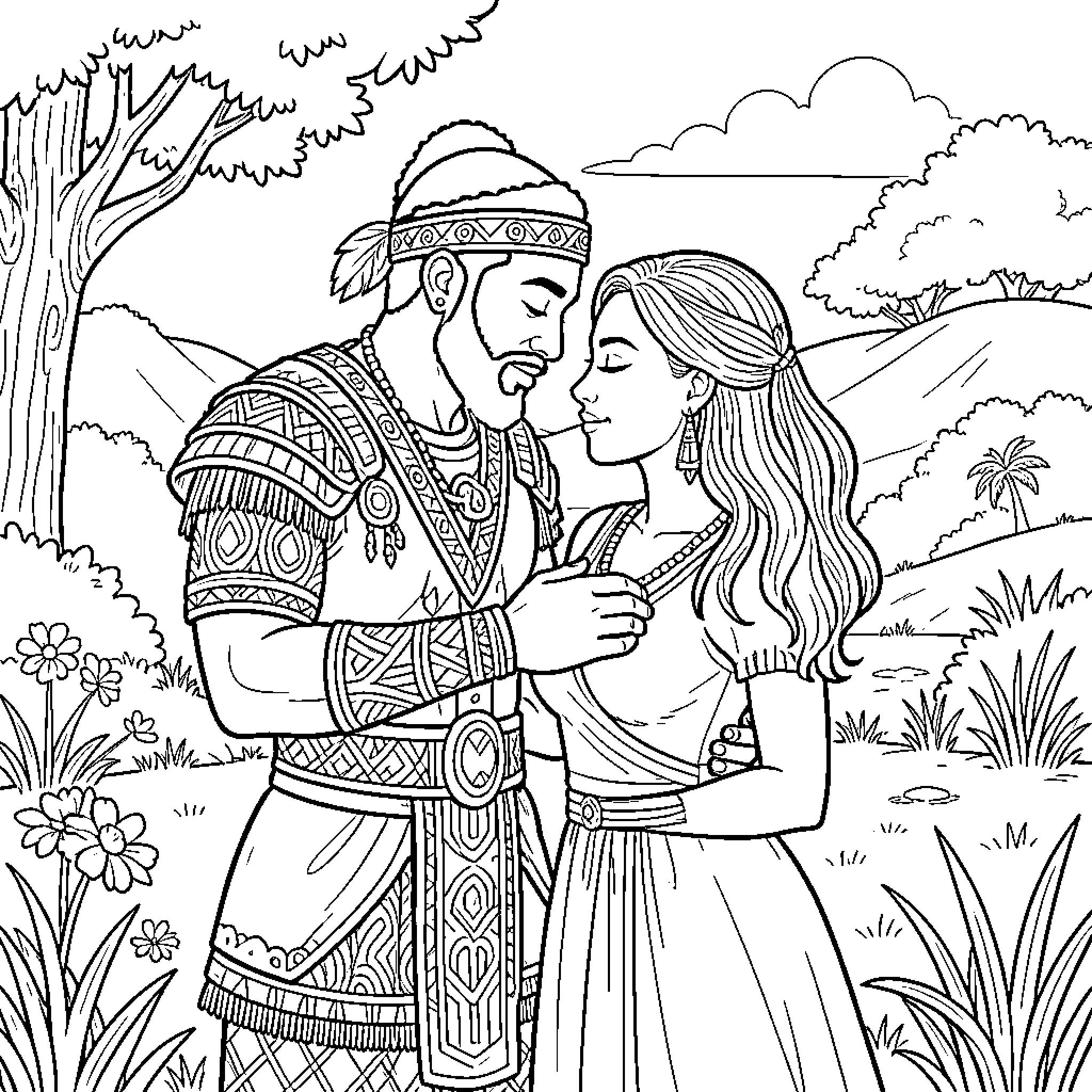 Warrior embracing a woman in a scenic landscape Coloring Page (free black-and-white line drawing printable PDF for all, from beginners to advanced learners, including children, teens, adults, and seniors)