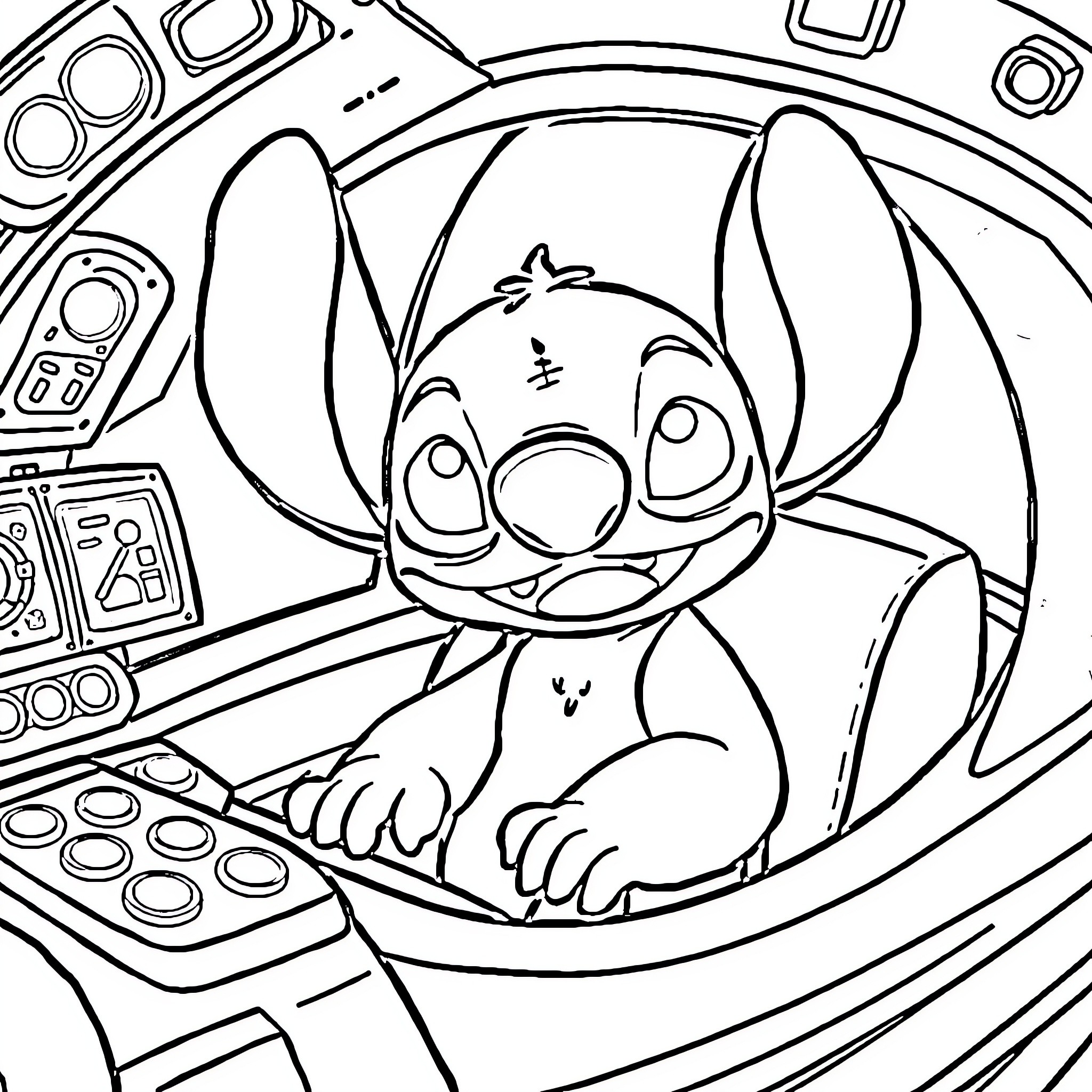 Stitch exploring the technological gadgets Coloring Page (free black-and-white line drawing printable PDF for all, from beginners to advanced learners, including children, teens, adults, and seniors)