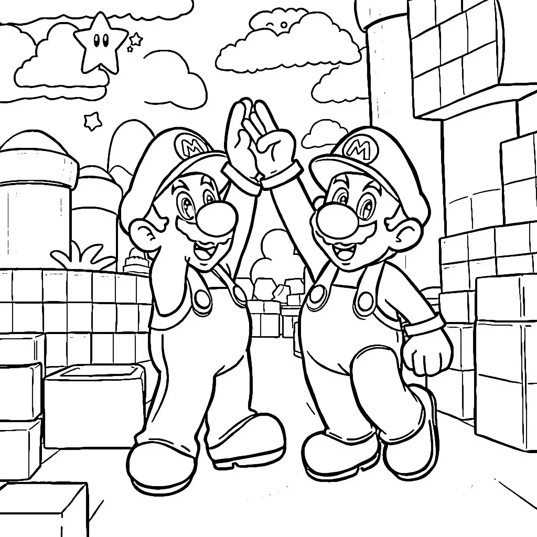 Mario and Luigi Celebrating Victory Coloring Page (free black-and-white line drawing printable PDF for all, from beginners to advanced learners, including children, teens, adults, and seniors)