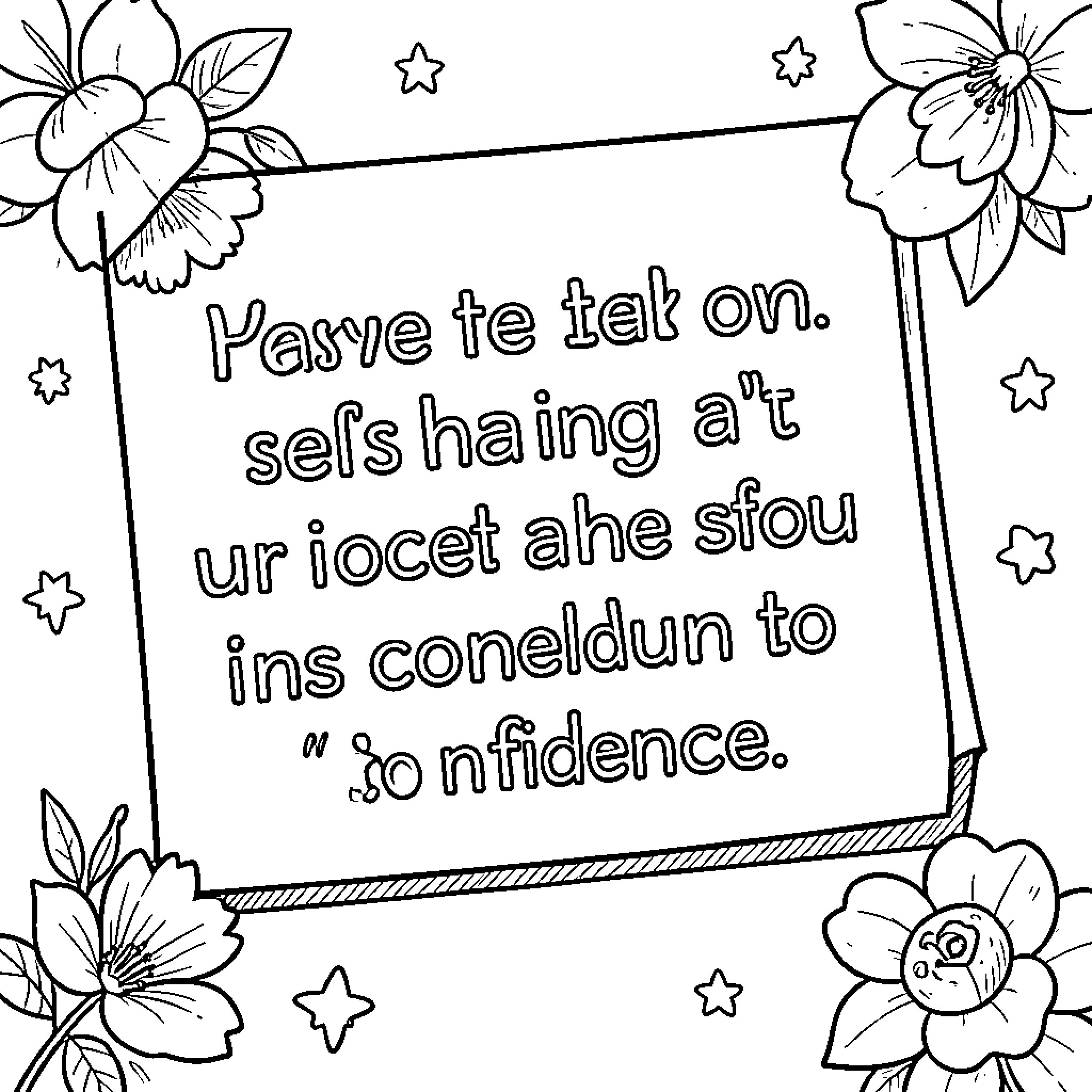 Affirmation framed by beautiful flowers and stars Coloring Page (free black-and-white line drawing printable PDF for all, from beginners to advanced learners, including children, teens, adults, and seniors)
