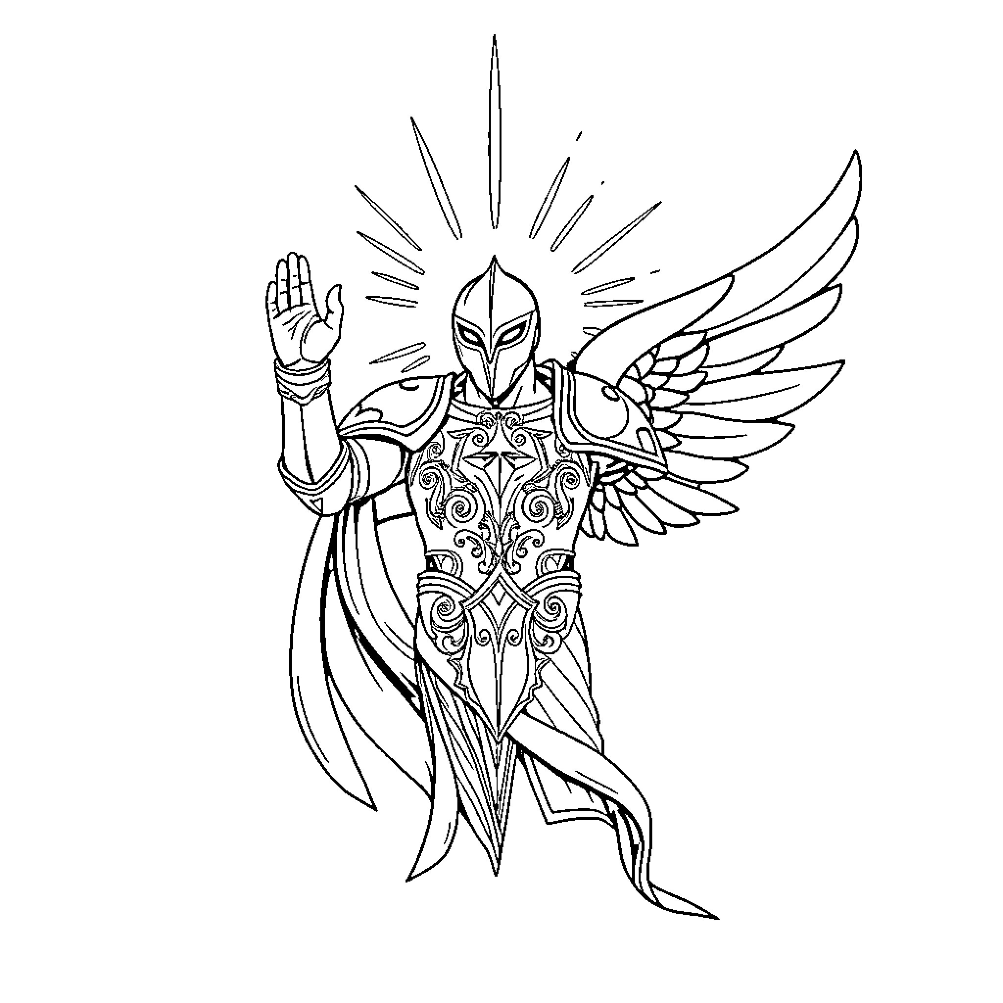 God Armor with Winged Figure in Ceremonial Pose Coloring Page (free black-and-white line drawing printable PDF for all, from beginners to advanced learners, including children, teens, adults, and seniors)