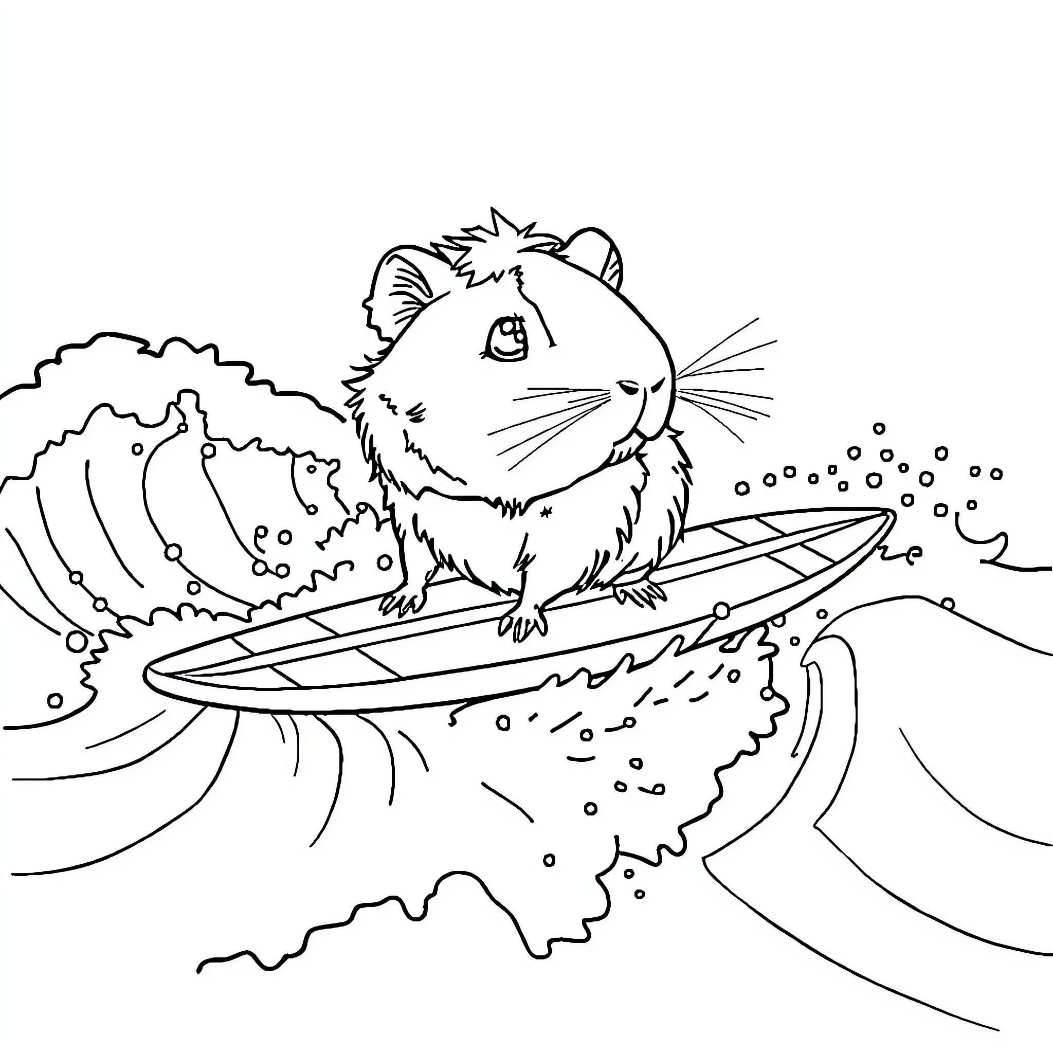 Guinea Pig surfing on ocean waves Coloring Page (free black-and-white line drawing printable PDF for all, from beginners to advanced learners, including children, teens, adults, and seniors)