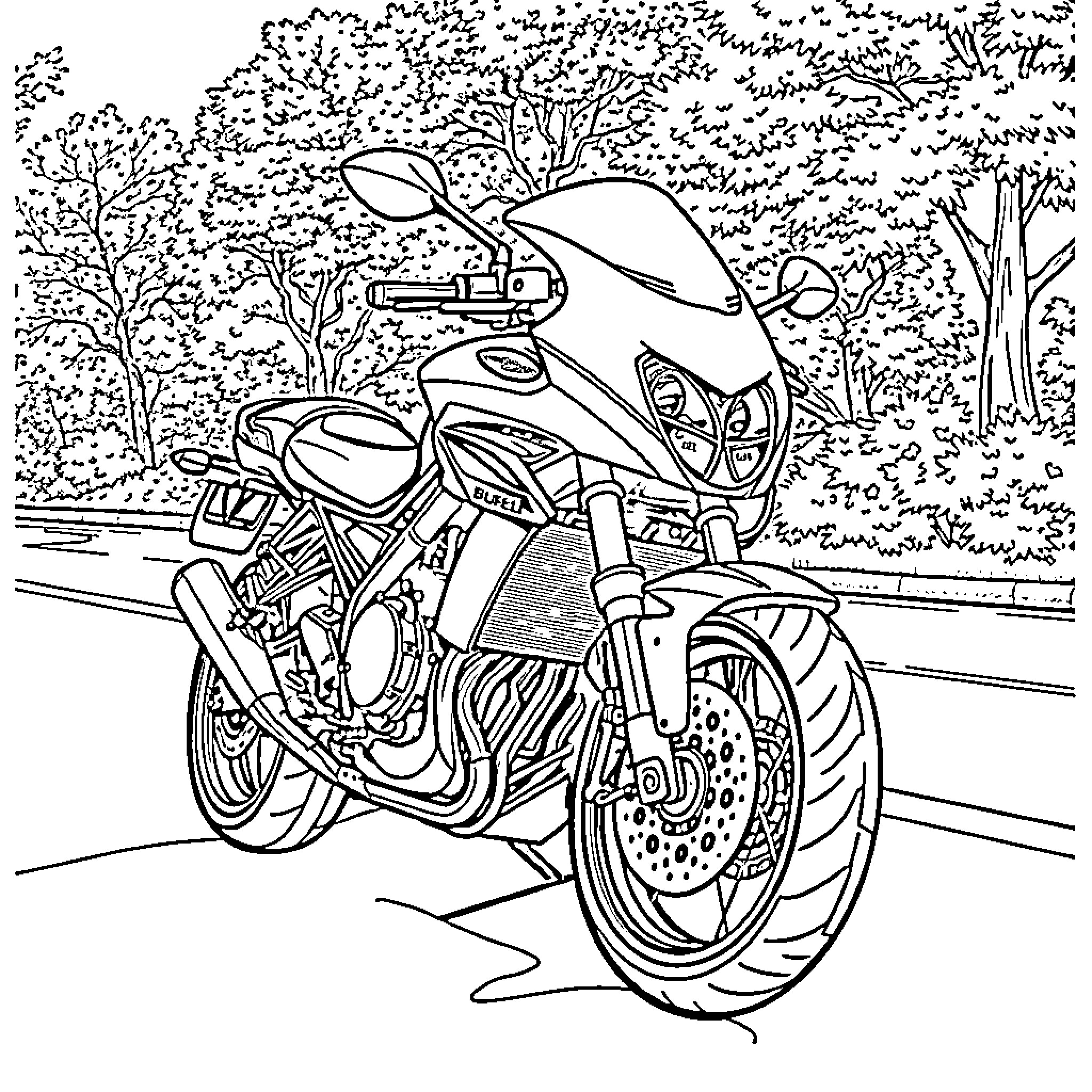 Buell S1 motorcycle in wooded environment Coloring Page (free black-and-white line drawing printable PDF for all, from beginners to advanced learners, including children, teens, adults, and seniors)