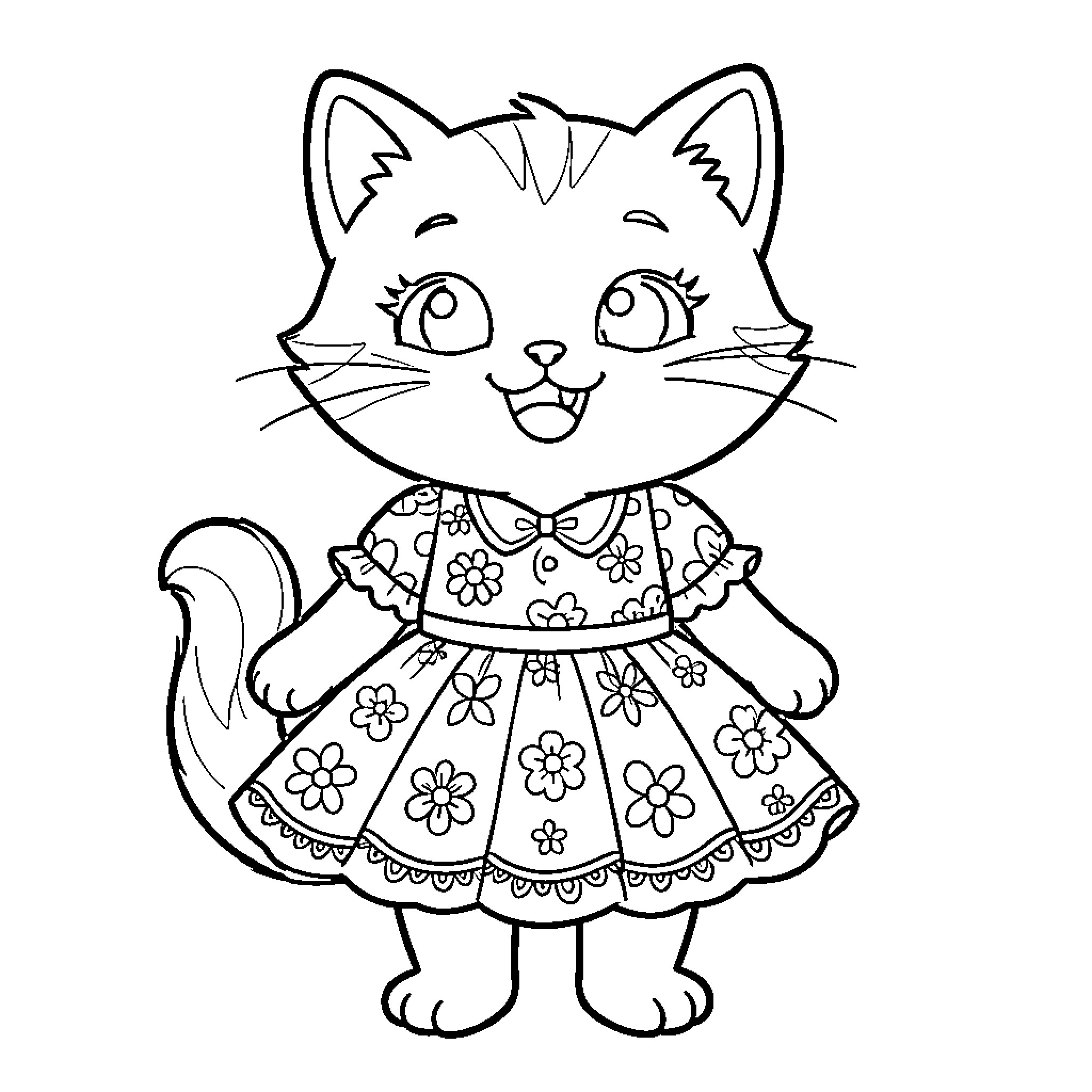 Cat in Floral Dress Coloring Page (free black-and-white line drawing printable PDF for all, from beginners to advanced learners, including children, teens, adults, and seniors)