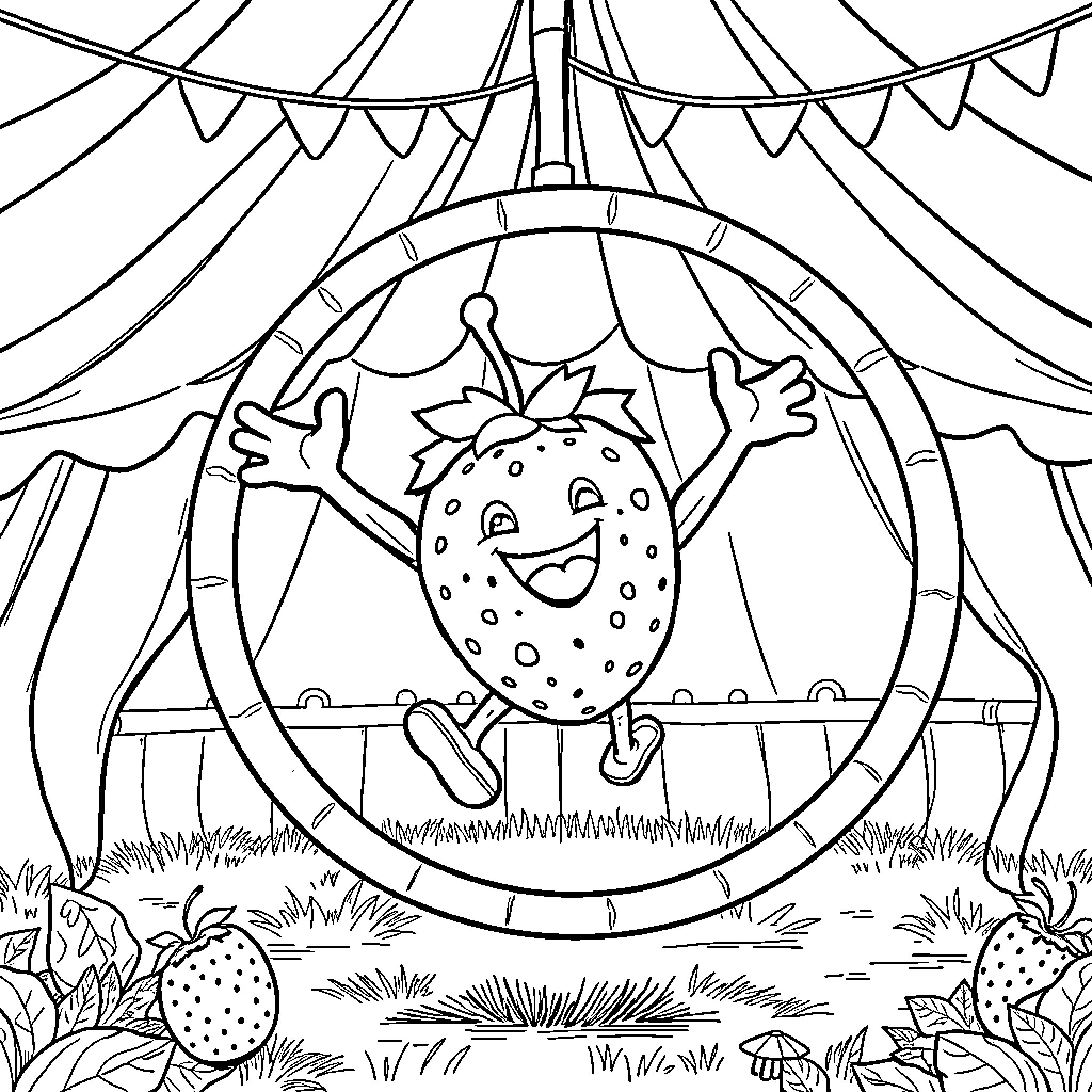 Raspberry circus performer juggling happily Coloring Page (free black-and-white line drawing printable PDF for all, from beginners to advanced learners, including children, teens, adults, and seniors)