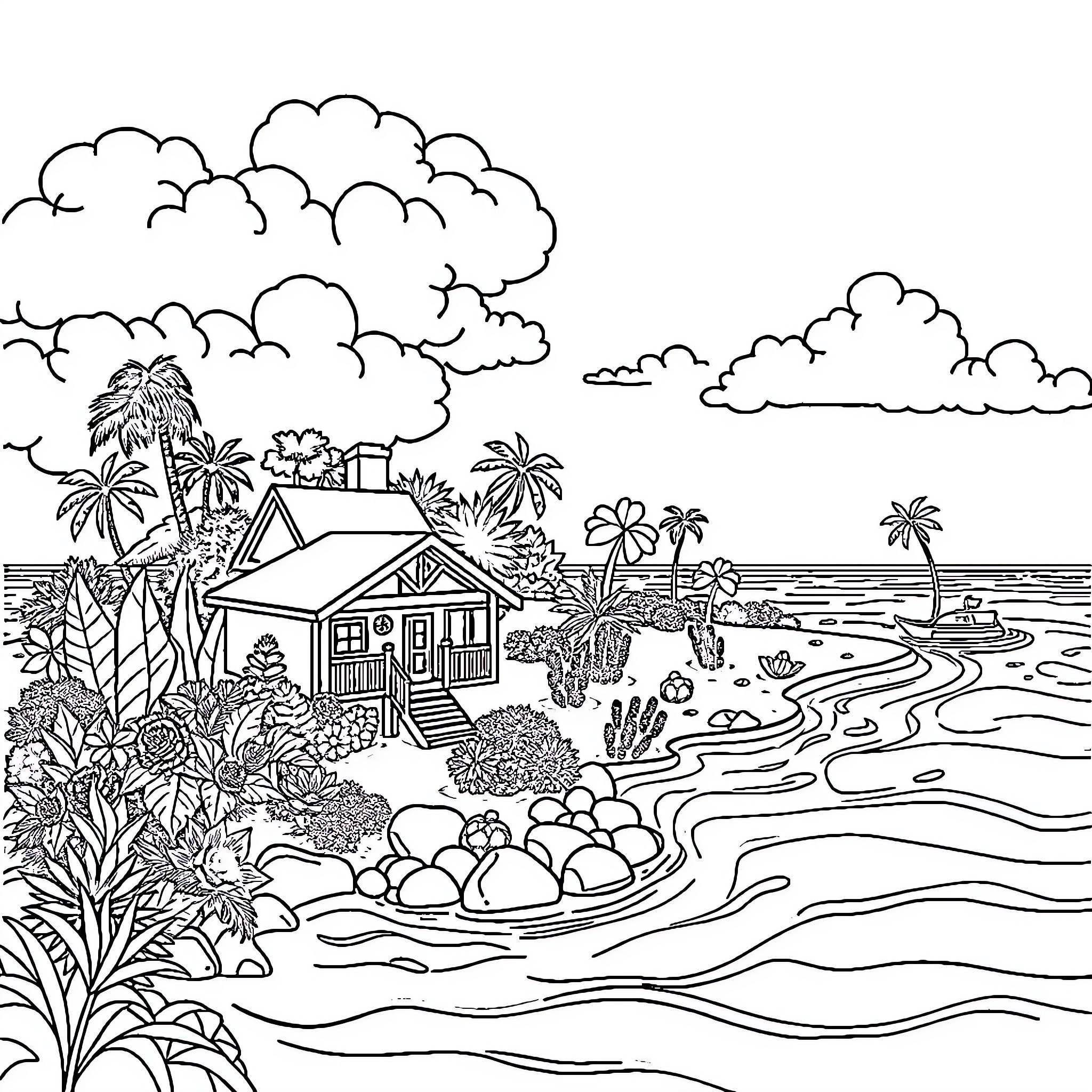 Sea Scenery with Beach Huts and Tropical Foliage Coloring Page (free black-and-white line drawing printable PDF for all, from beginners to advanced learners, including children, teens, adults, and seniors)