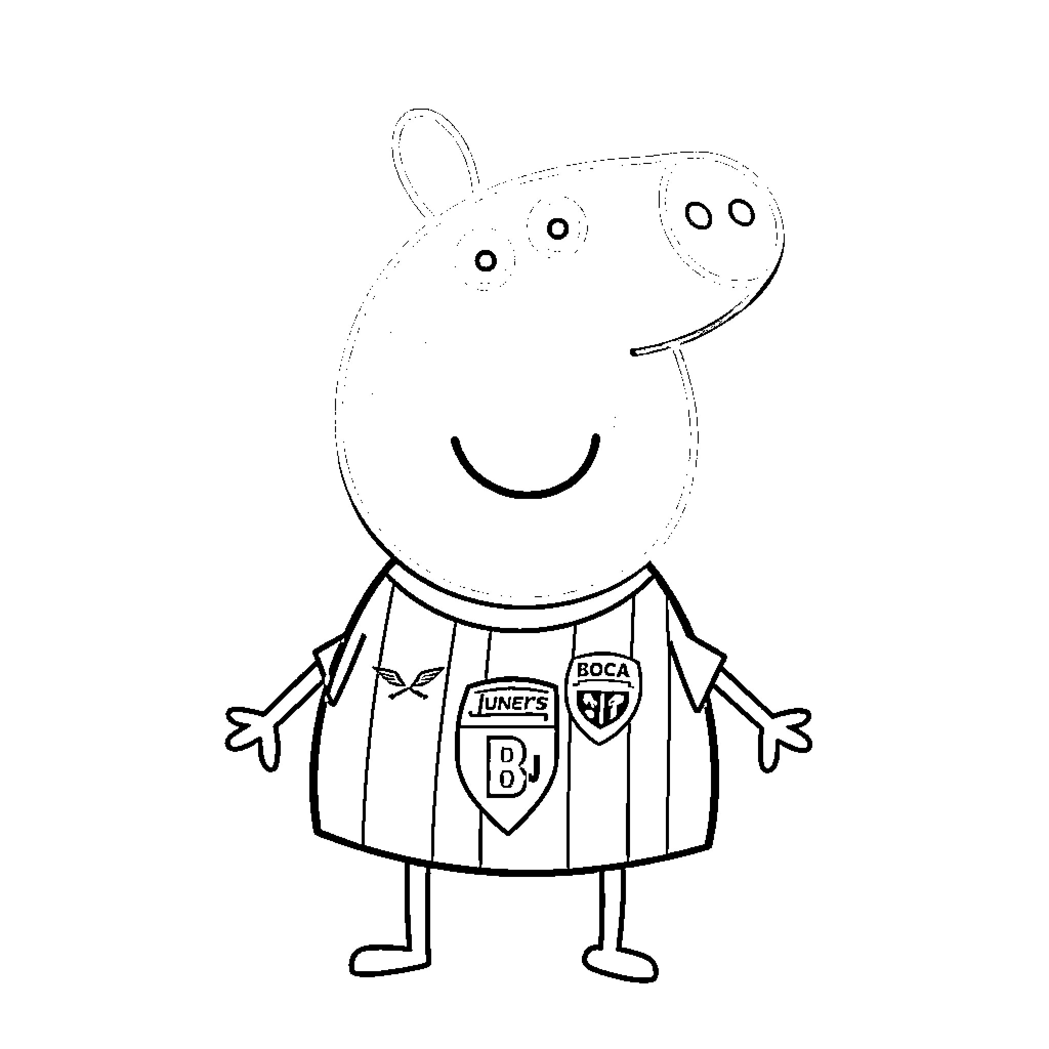 Peppa Pig wearing sports jersey and smiling Coloring Page (free black-and-white line drawing printable PDF for all, from beginners to advanced learners, including children, teens, adults, and seniors)