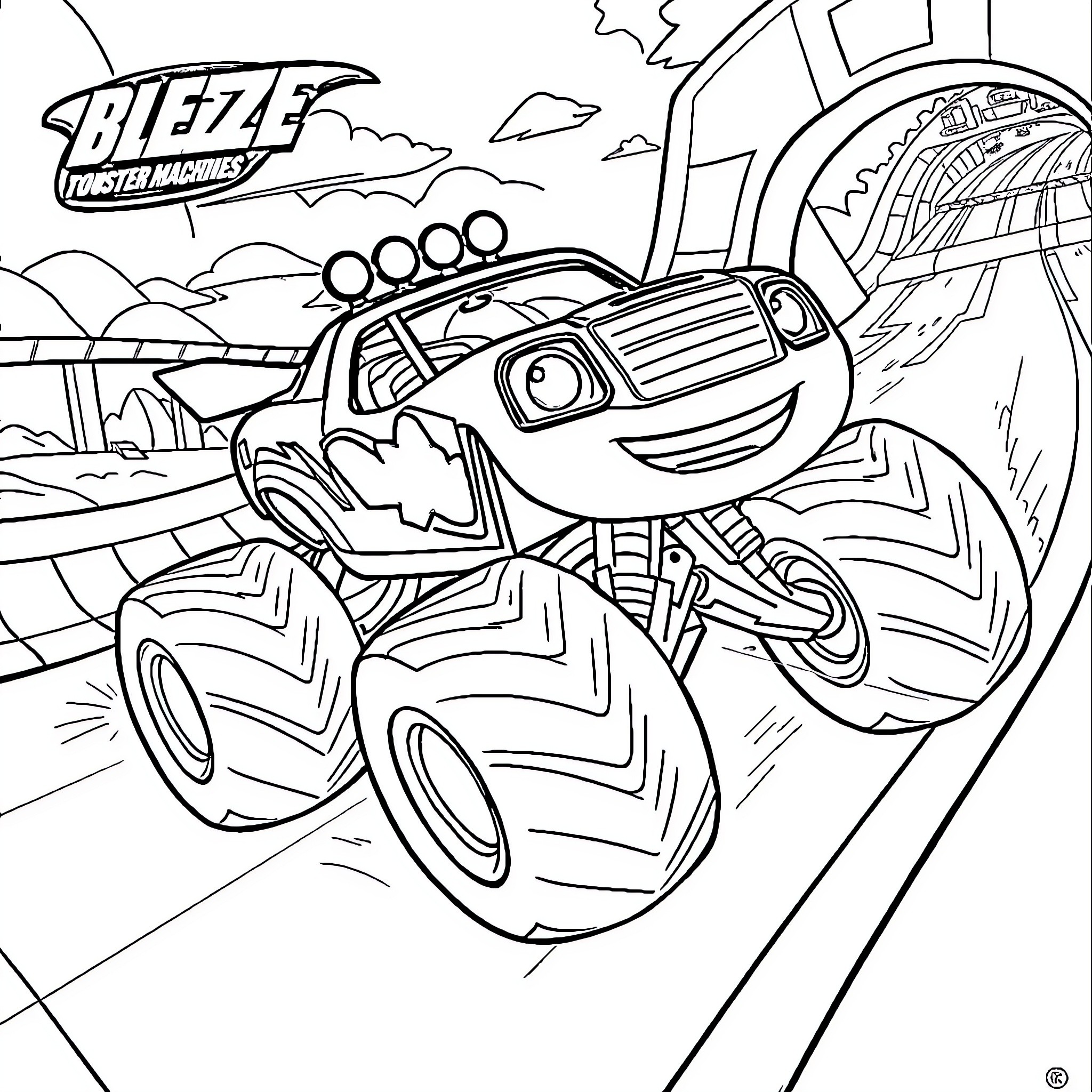 Blaze's Monster Truck Adventure Coloring Page (free black-and-white line drawing printable PDF for all, from beginners to advanced learners, including children, teens, adults, and seniors)